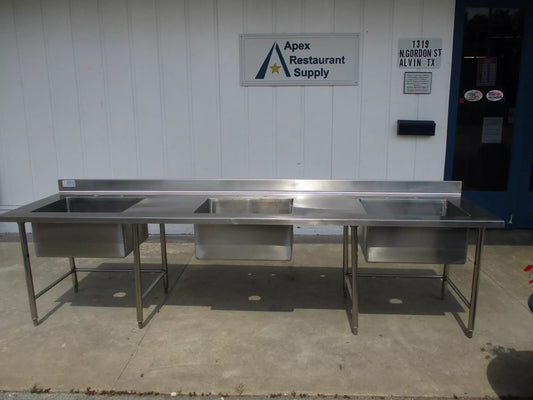 Custom 120"W x 30"D, Stainless Steel 3-Compartment Sink w/ Open Base, #8921