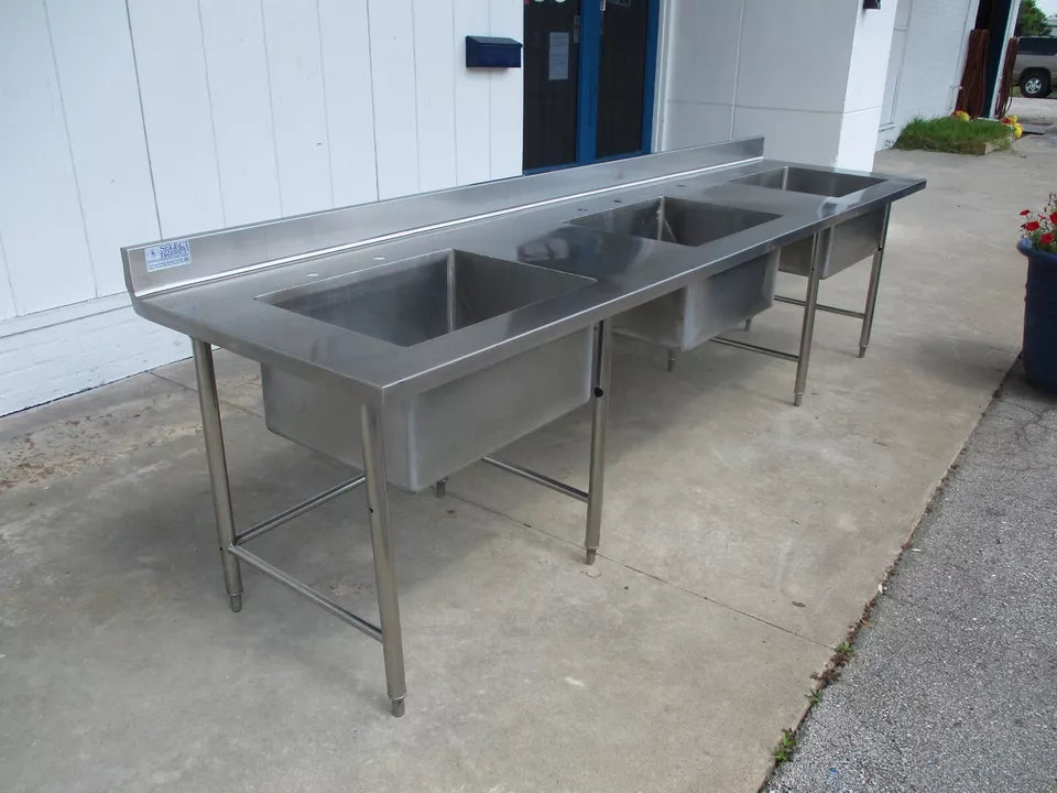 Custom 120"W x 30"D, Stainless Steel 3-Compartment Sink w/ Open Base, #8921