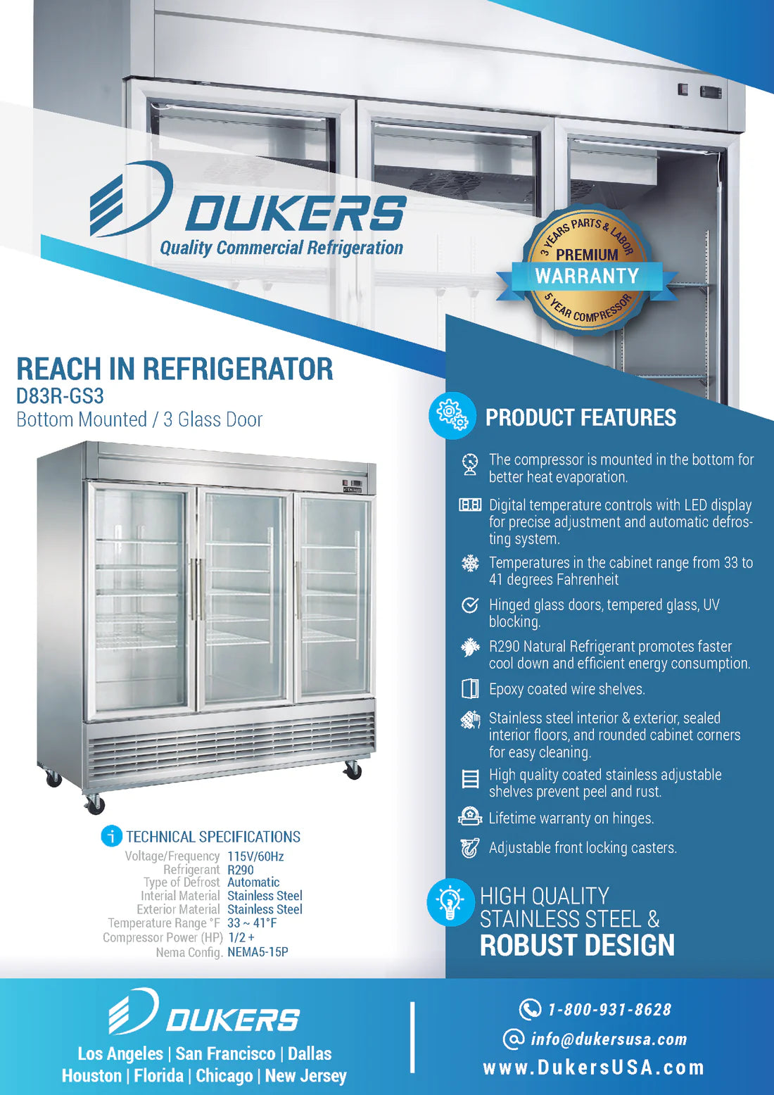 Dukers D83R-GS3, Bottom-Mount Glass 3-Swing Door Reach-In Refrigerator, NEW!