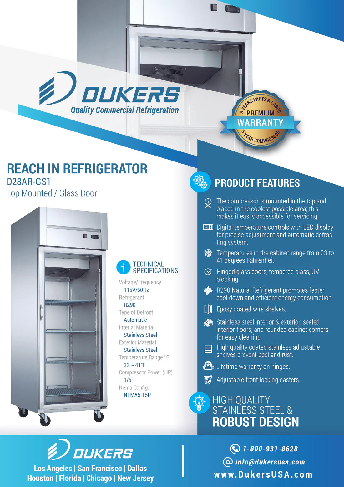 Dukers D28AR-GS1, Top-Mount Single Glass Door Reach-in Refrigerator, BRAND NEW!