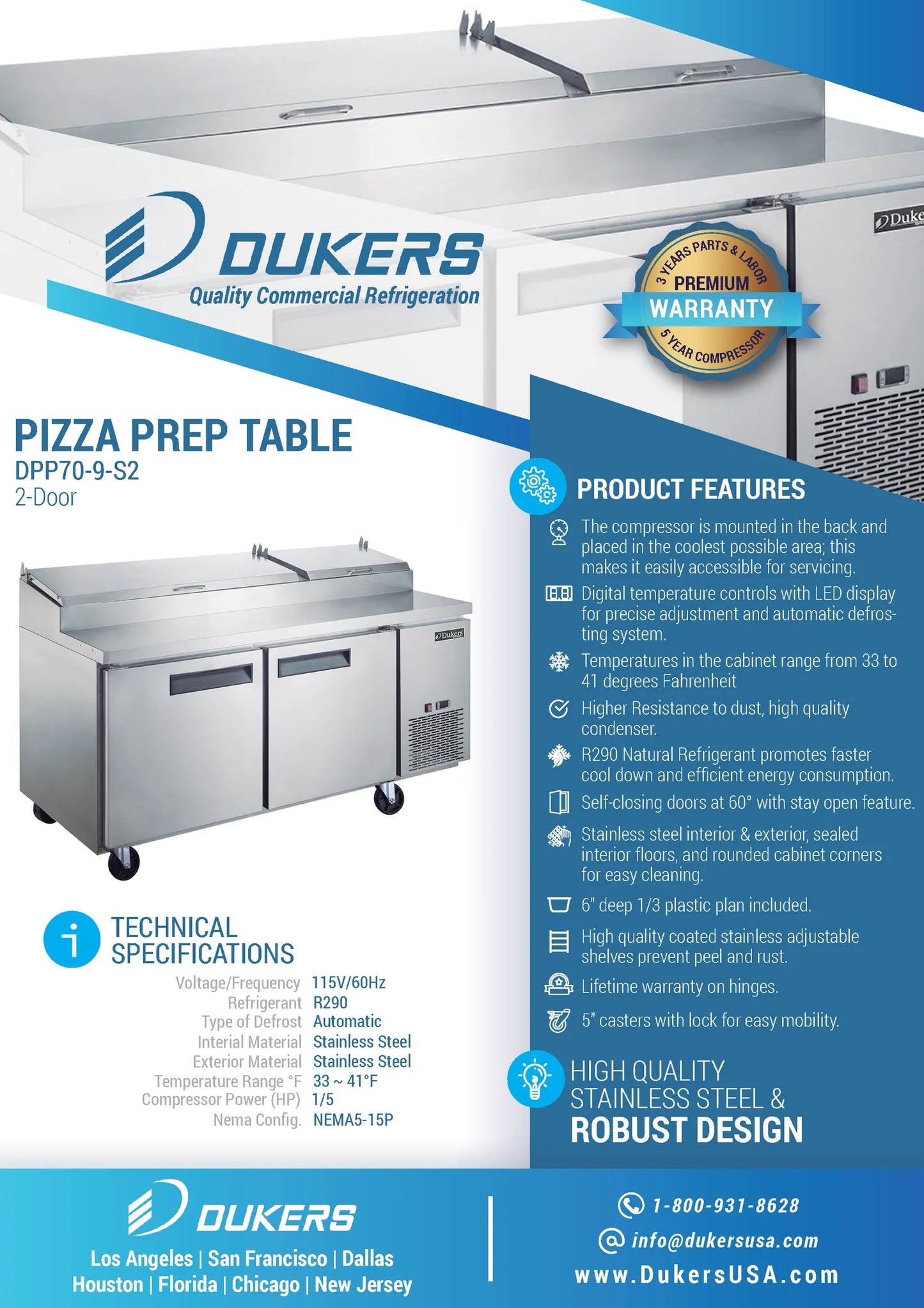 Dukers DPP70-9-S2, Commercial Refrigerated Pizza Prep Table, BRAND NEW!