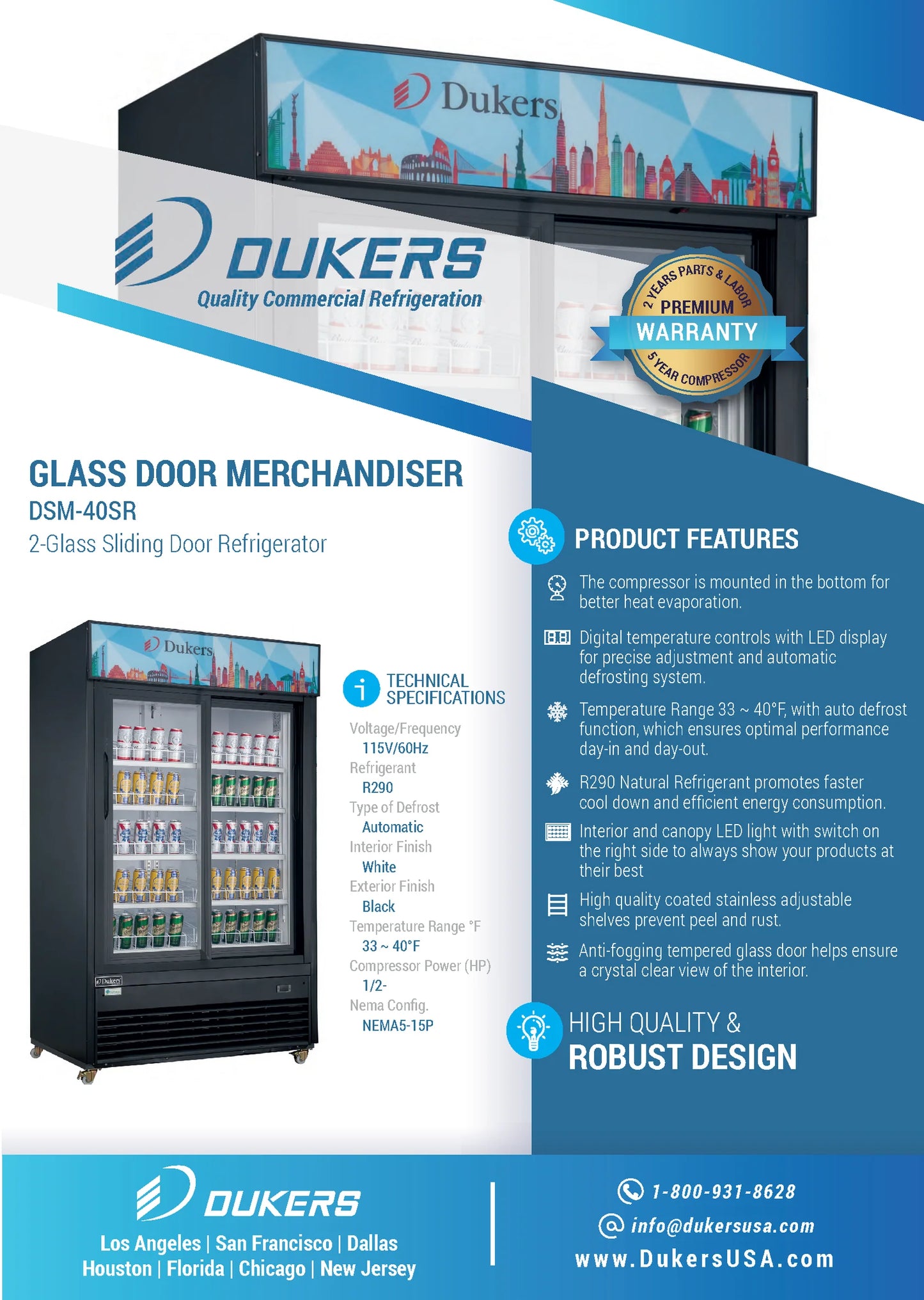 Dukers DSM-40SR, Double Sliding Glass Door Merchandiser Refrigerator, BRAND NEW!