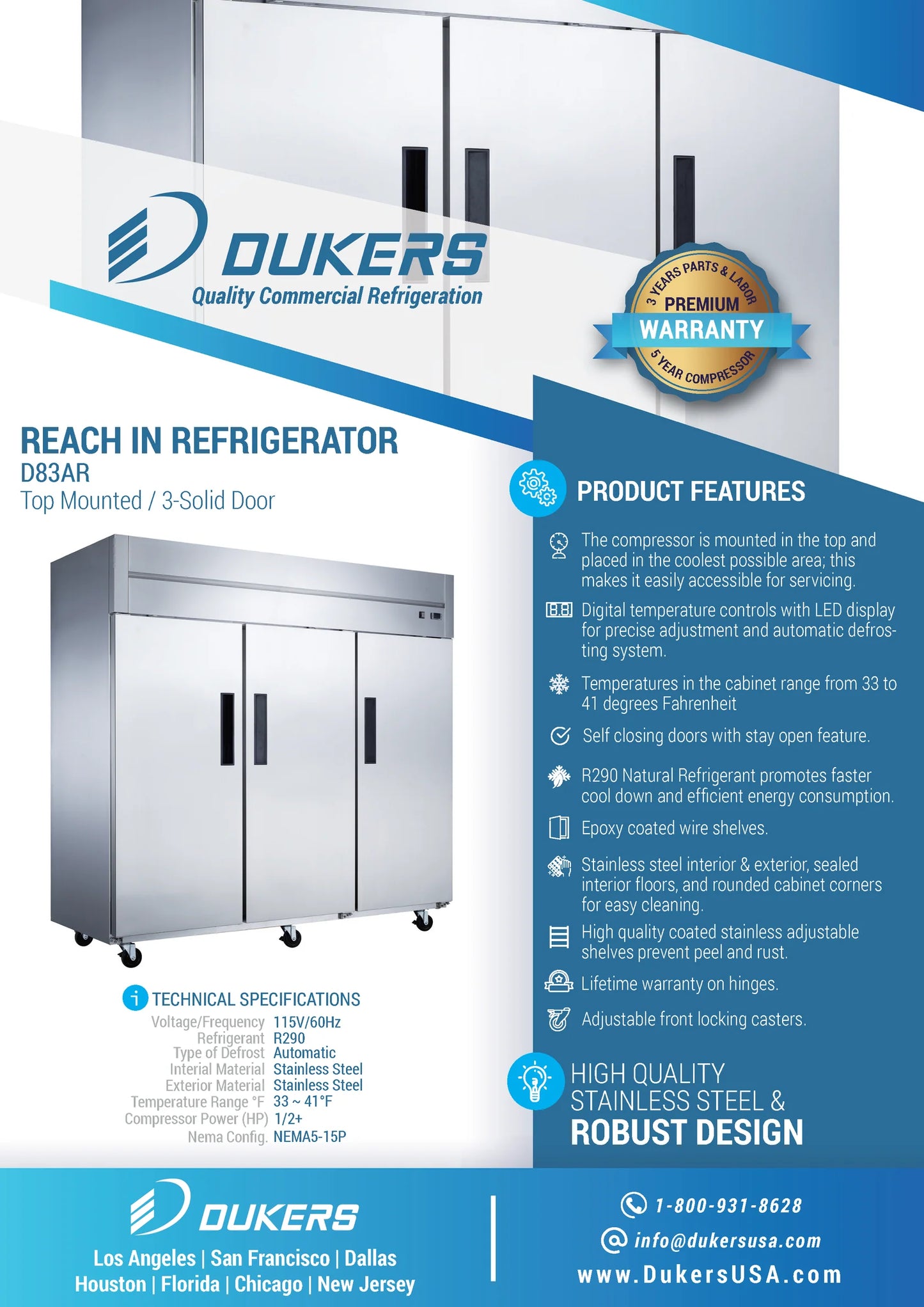 Dukers D83AR, Stainless Steel Reach-In 3-Door Top Mount Refrigerator, BRAND NEW!