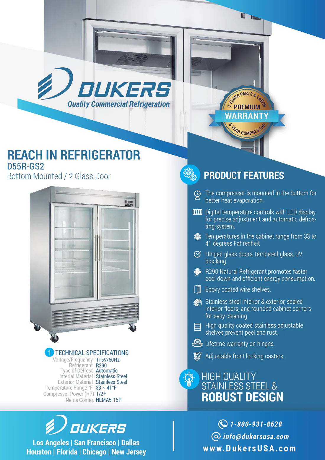 NEW Dukers D55R-GS2 Bottom Mount Glass 2-Door Commercial Reach-in Refrigerator