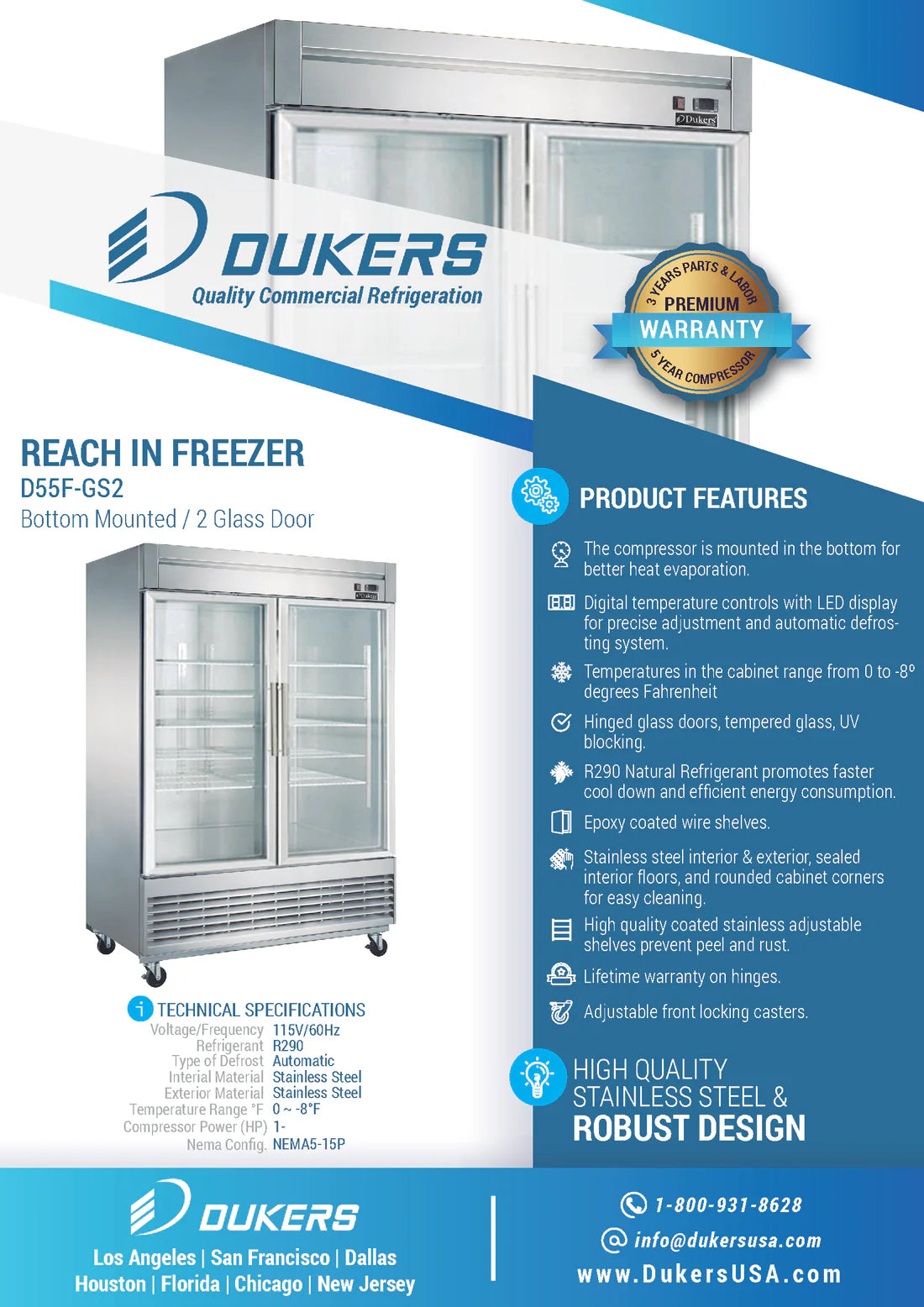 Dukers D55F-GS2, Bottom Mount Glass 2-Door Commercial Reach-in Freezer