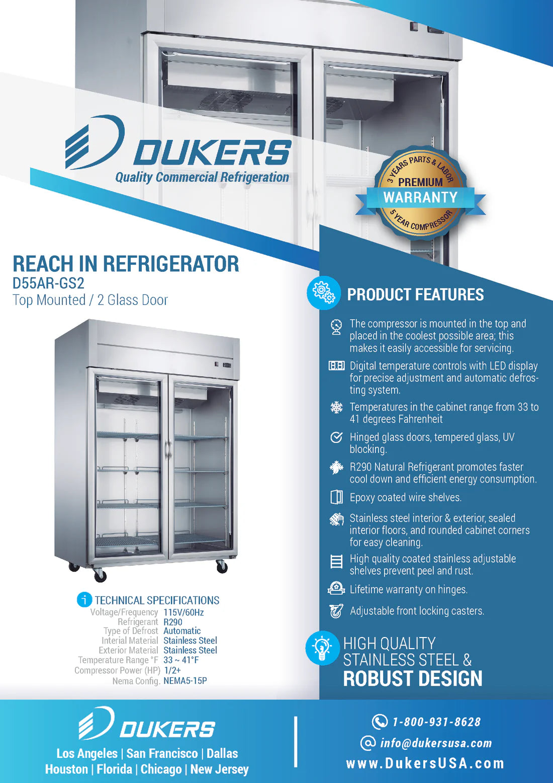 Dukers D55AR-GS2, Top-Mount Glass Swing 2-Door Reach-in Refrigerator, BRAND NEW!