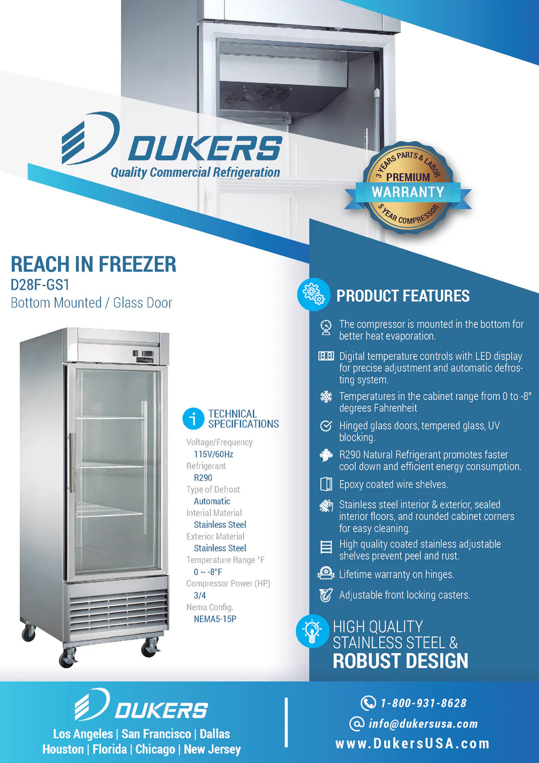 Dukers D28F-GS1, Bottom Mount, Glass Single Door Commercial Reach-In Freezer