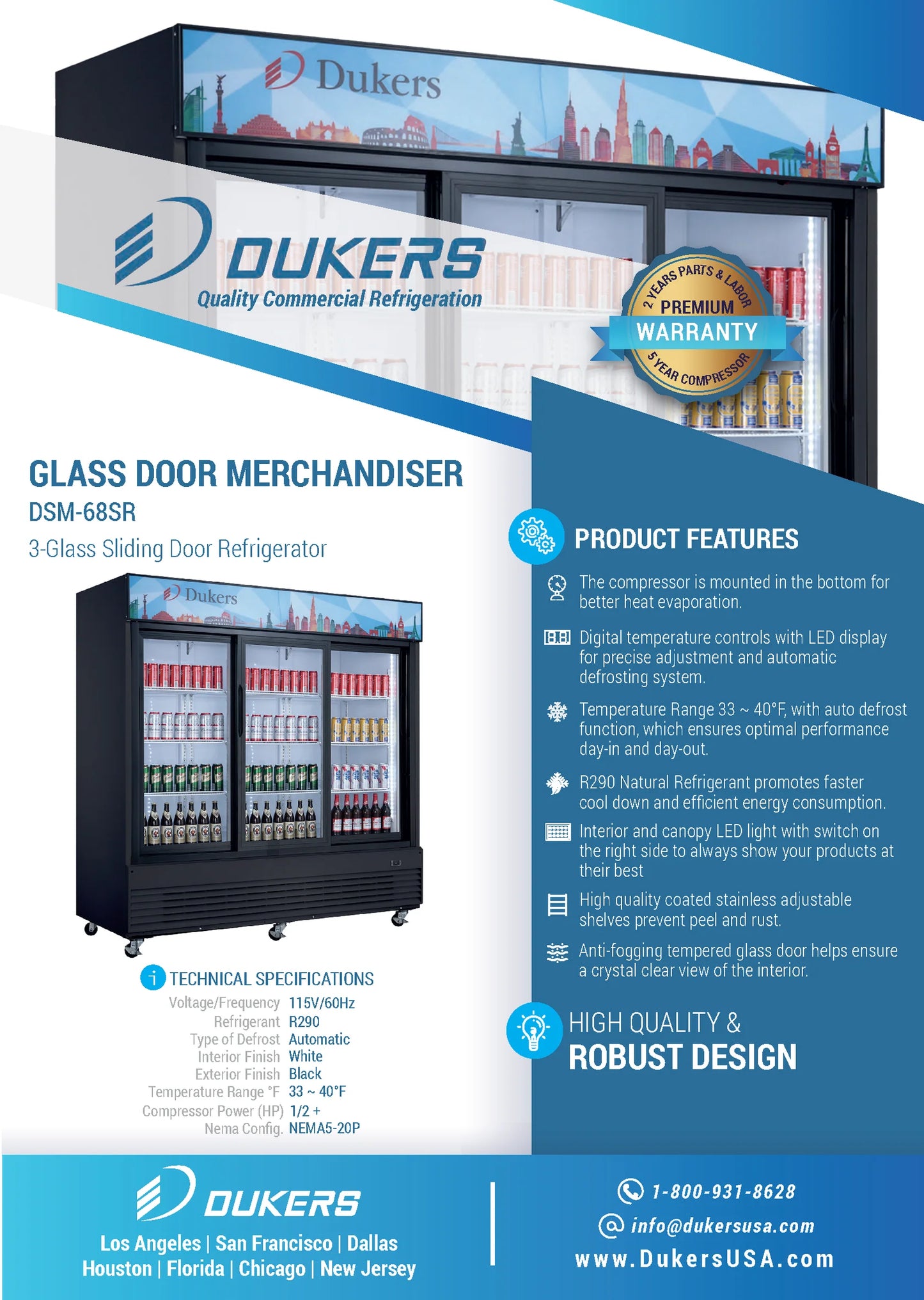 Dukers DSM-68SR, Commercial Sliding Glass 3-Door Merchandiser Refrigerator, NEW!