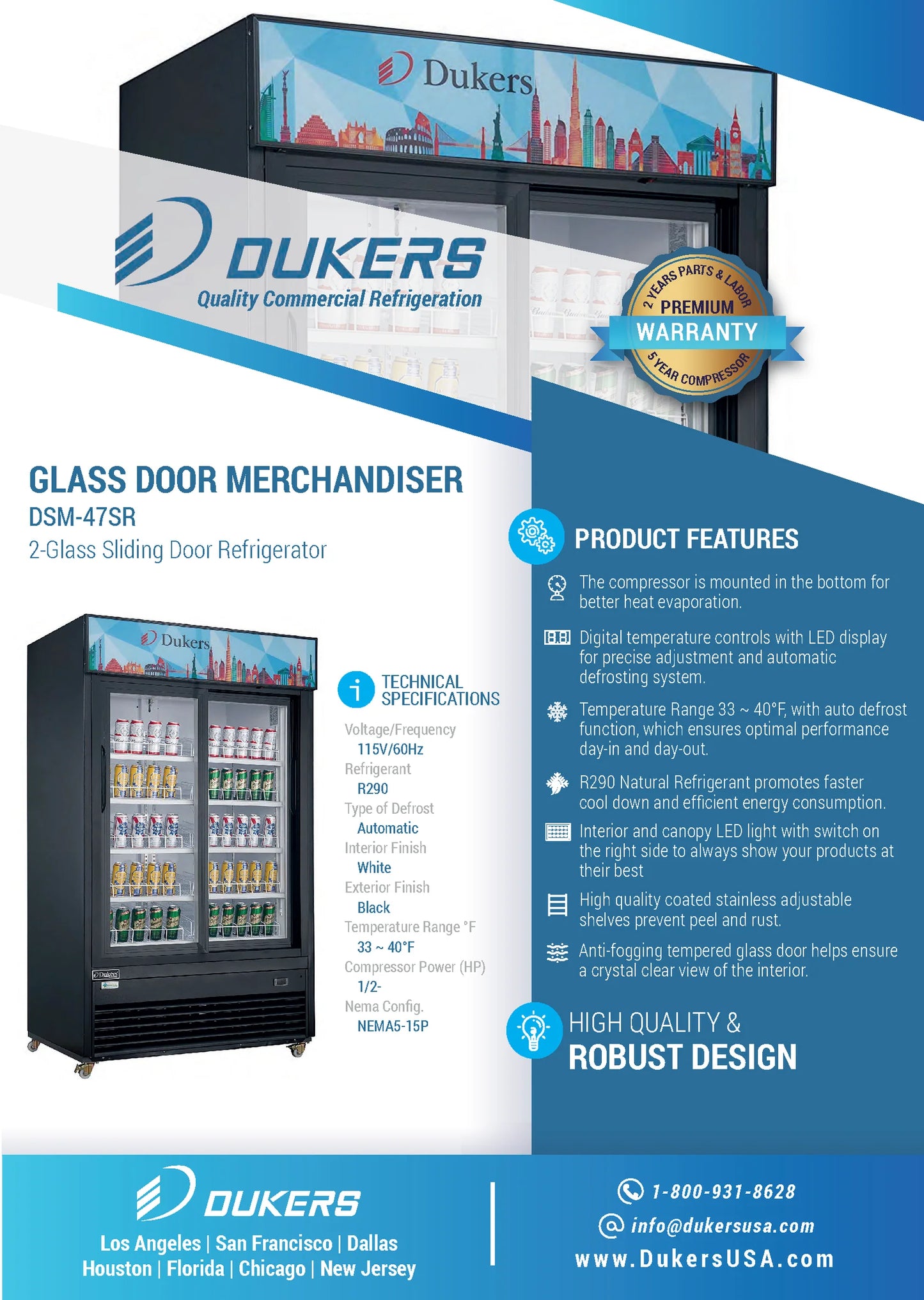 Dukers DSM-47SR, Double Sliding Glass Door Merchandiser Refrigerator, BRAND NEW!