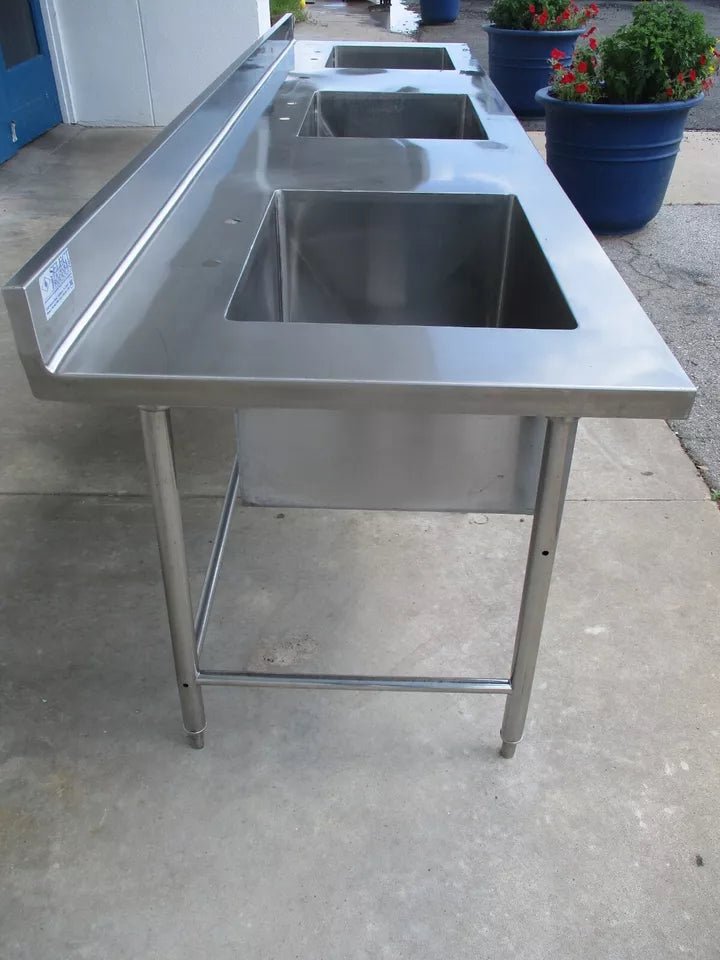 Custom 120"W x 30"D, Stainless Steel 3-Compartment Sink w/ Open Base, #8921