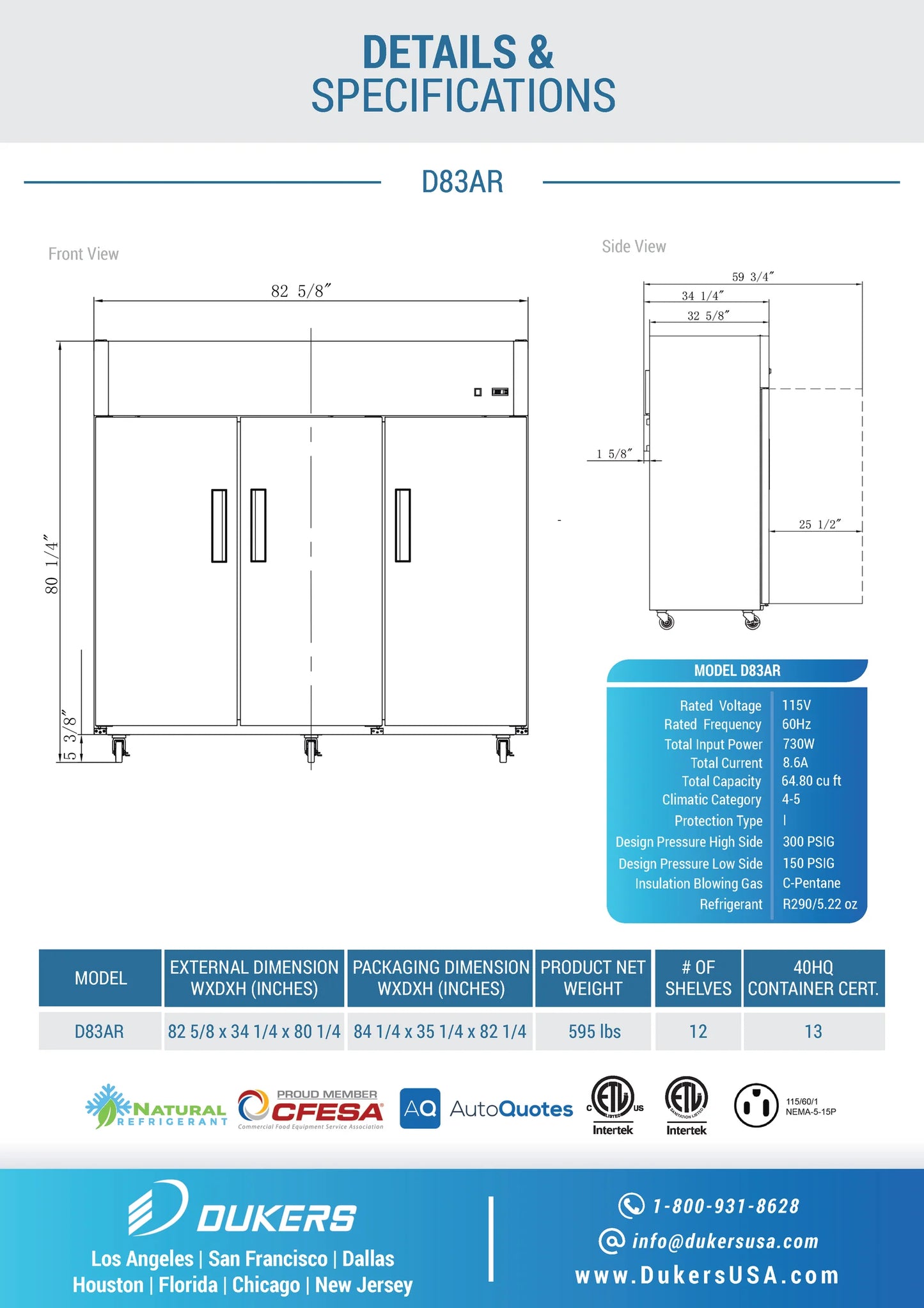 Dukers D83AR, Stainless Steel Reach-In 3-Door Top Mount Refrigerator, BRAND NEW!