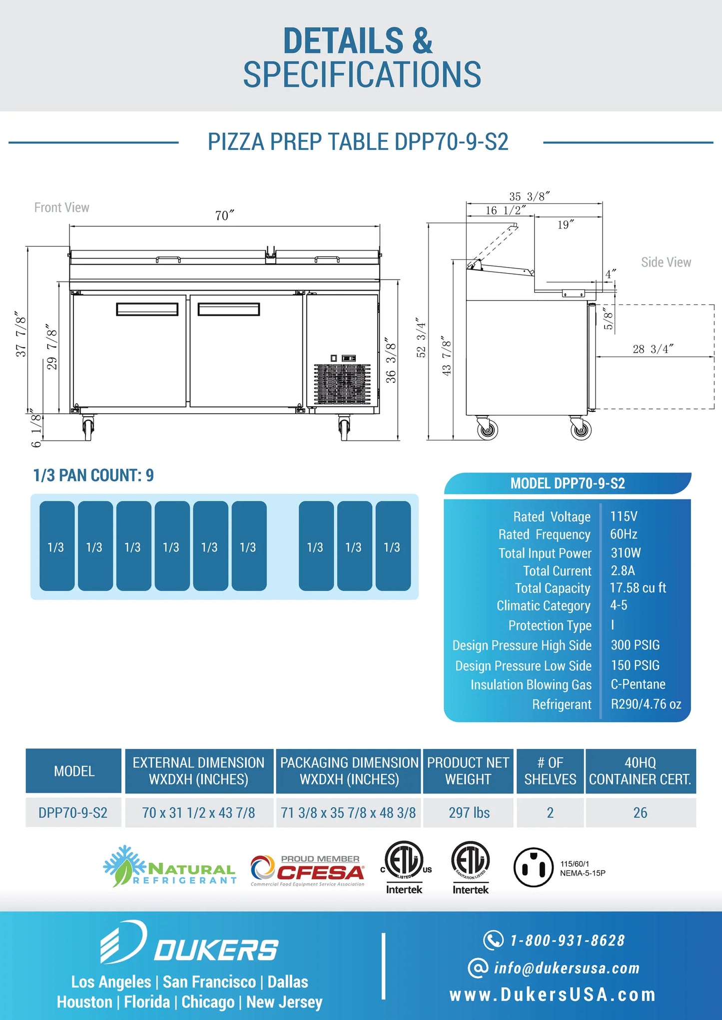 Dukers DPP70-9-S2, Commercial Refrigerated Pizza Prep Table, BRAND NEW!