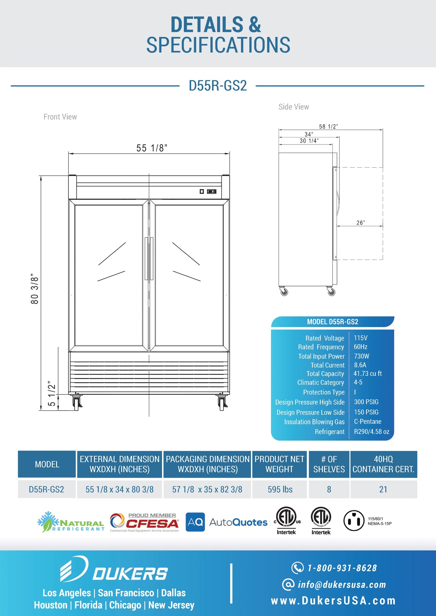 NEW Dukers D55R-GS2 Bottom Mount Glass 2-Door Commercial Reach-in Refrigerator