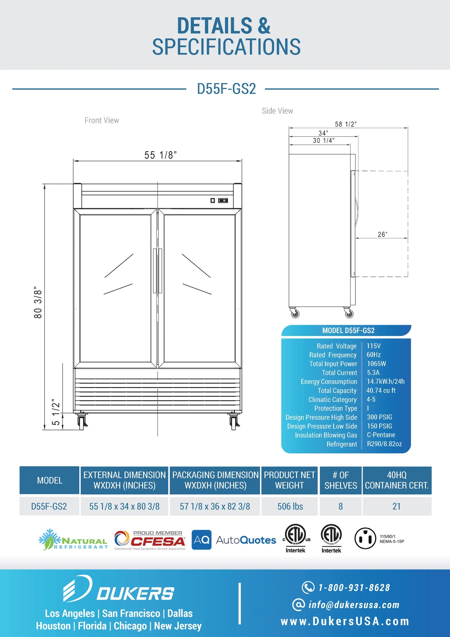 Dukers D55F-GS2, Bottom Mount Glass 2-Door Commercial Reach-in Freezer