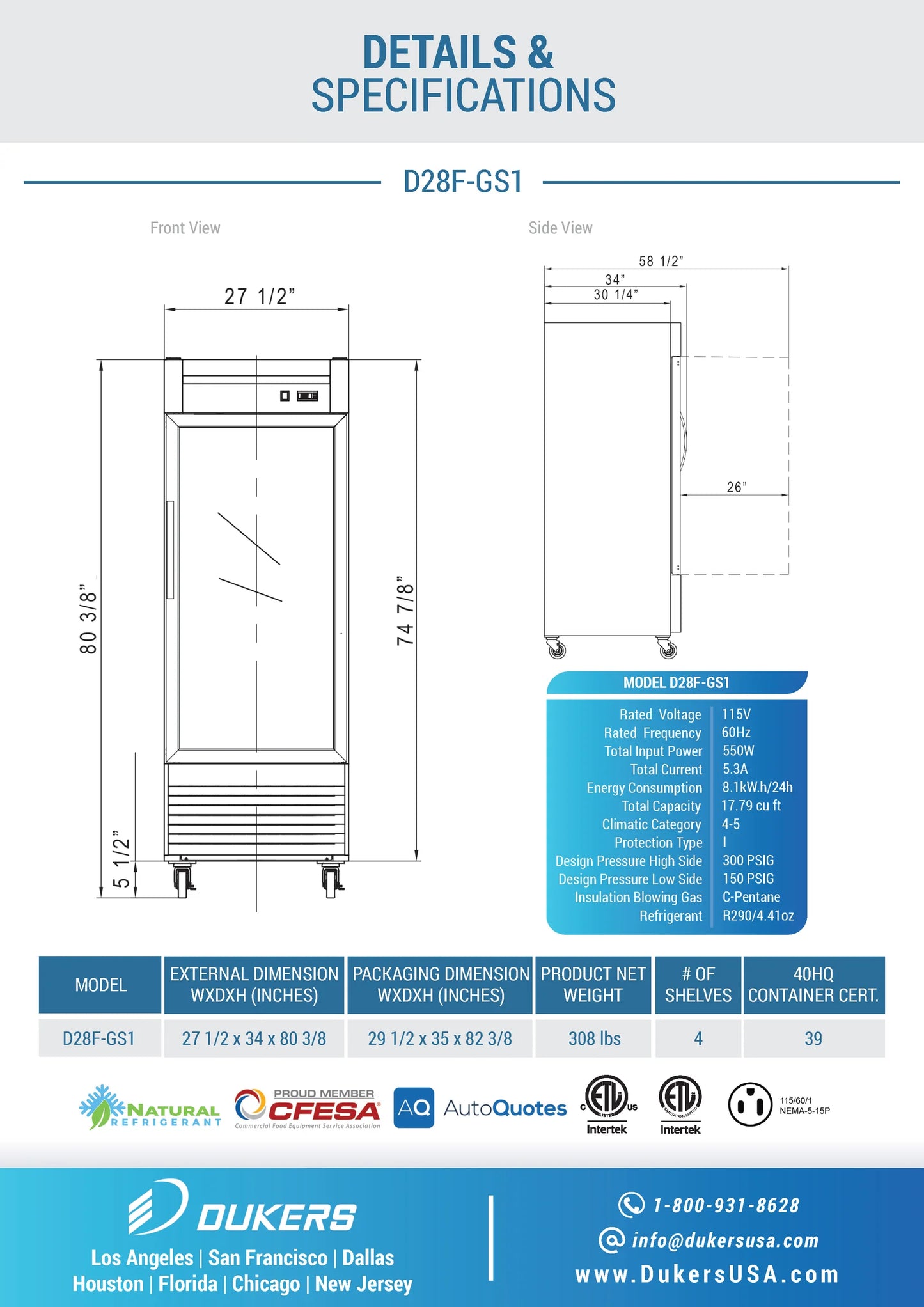 Dukers D28F-GS1, Bottom Mount, Glass Single Door Commercial Reach-In Freezer