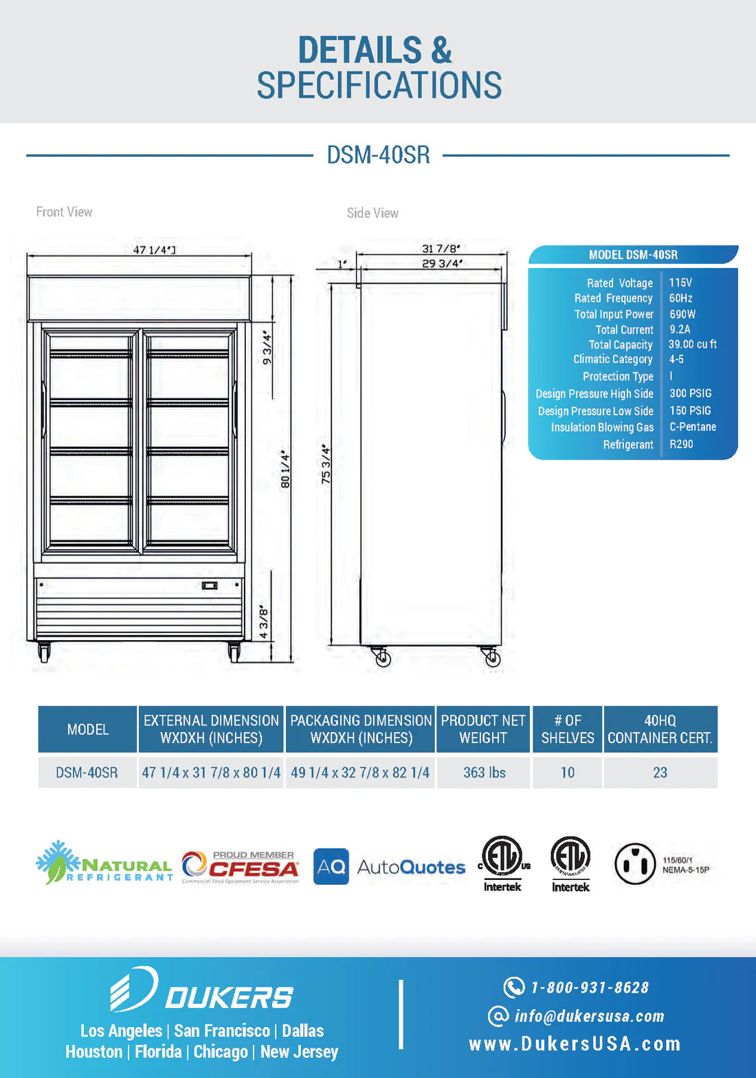 Dukers DSM-40SR, Double Sliding Glass Door Merchandiser Refrigerator, BRAND NEW!