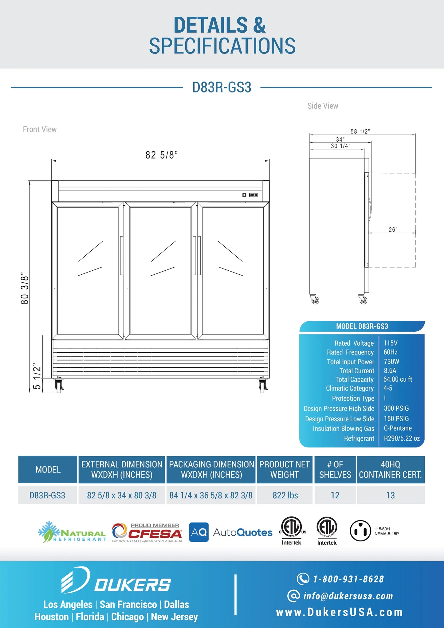 Dukers D83R-GS3, Bottom-Mount Glass 3-Swing Door Reach-In Refrigerator, NEW!