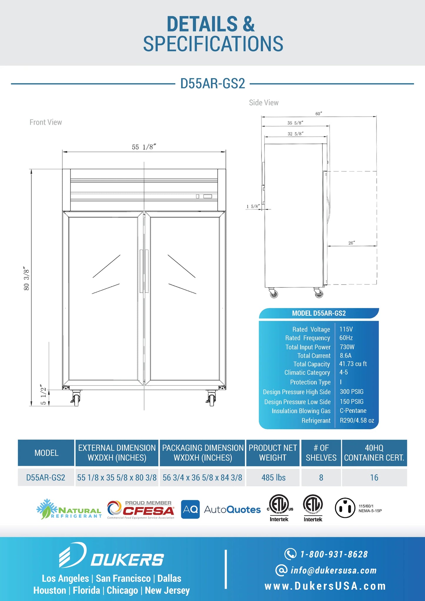 Dukers D55AR-GS2, Top-Mount Glass Swing 2-Door Reach-in Refrigerator, BRAND NEW!