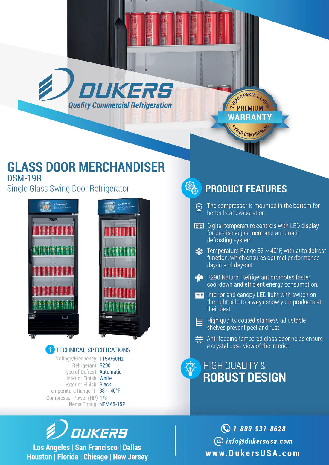 Dukers DSM-19R, Single Glass Swing-Door Merchandiser Refrigerator, BRAND NEW!