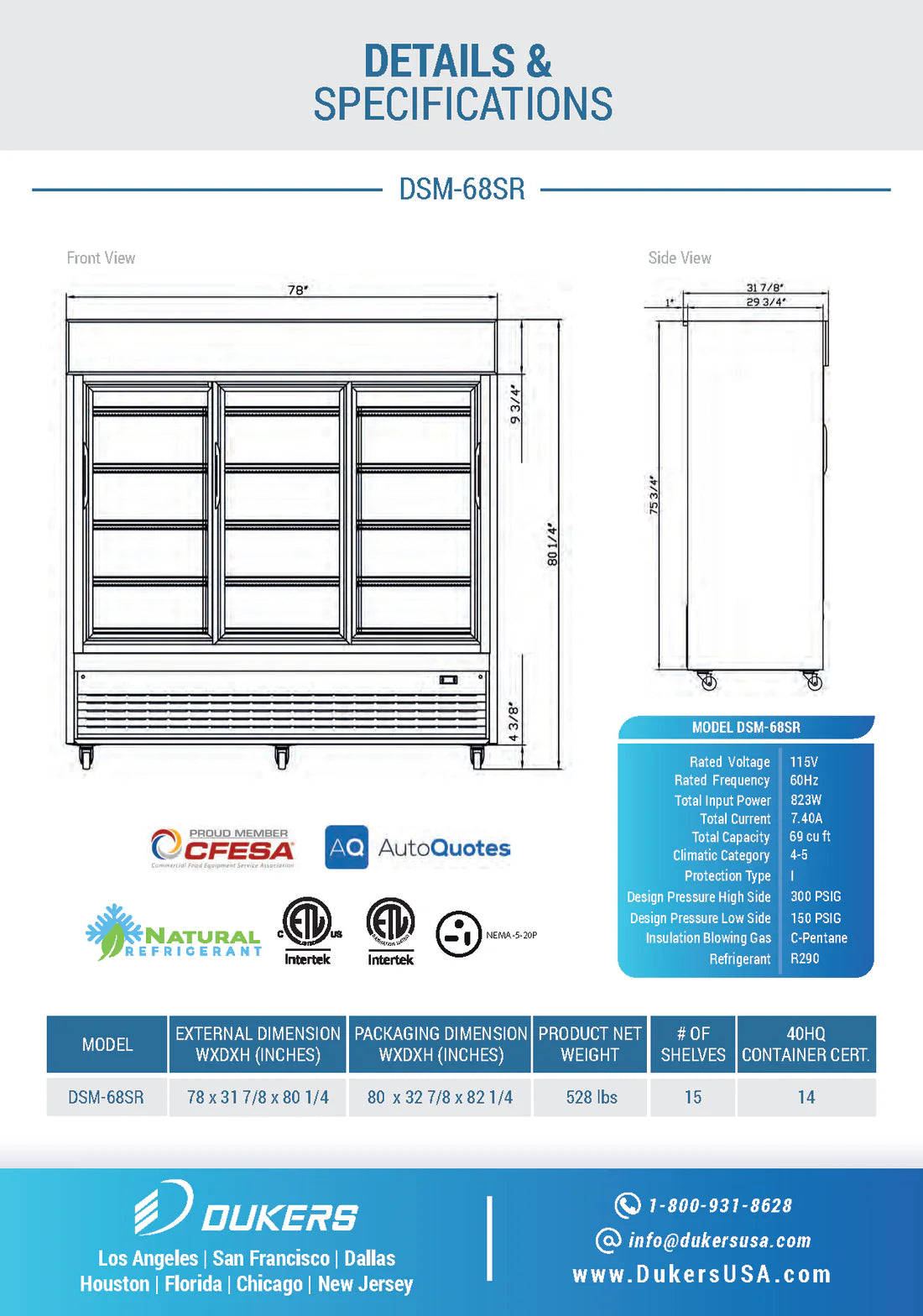 Dukers DSM-68SR, Commercial Sliding Glass 3-Door Merchandiser Refrigerator, NEW!