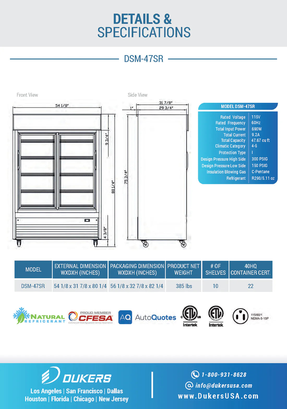 Dukers DSM-47SR, Double Sliding Glass Door Merchandiser Refrigerator, BRAND NEW!