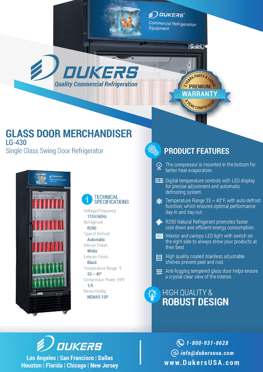 Dukers LG-430, Single Glass Swing-Door Merchandiser Refrigerator, BRAND NEW!