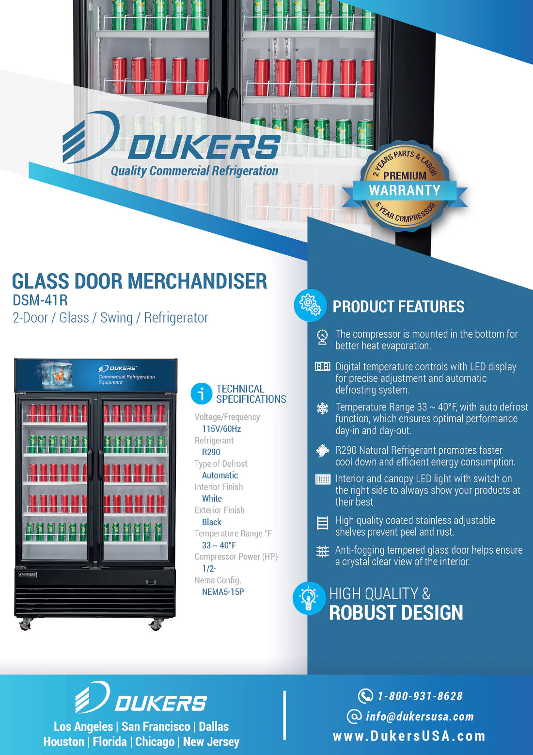 Dukers DSM-41R, Double Glass Swing Door Merchandiser Refrigerator, BRAND NEW!