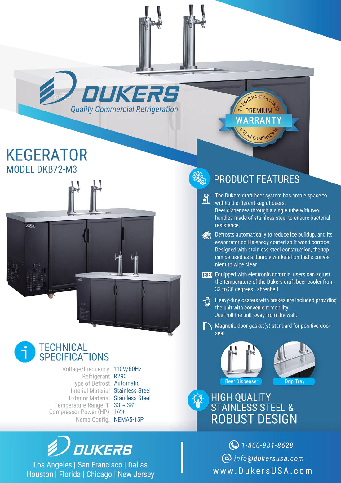 Dukers DKB72-M3, Swing-Door Dual Tower 4-Tap Beer Dispenser Kegerator, BRAND NEW