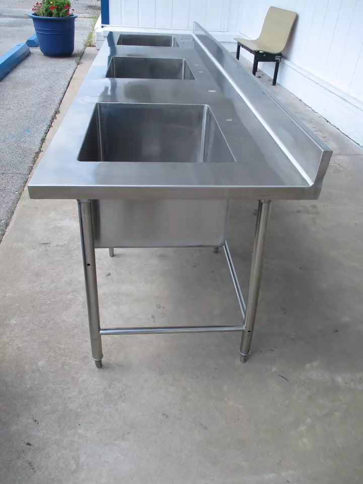 Custom 120"W x 30"D, Stainless Steel 3-Compartment Sink w/ Open Base, #8921