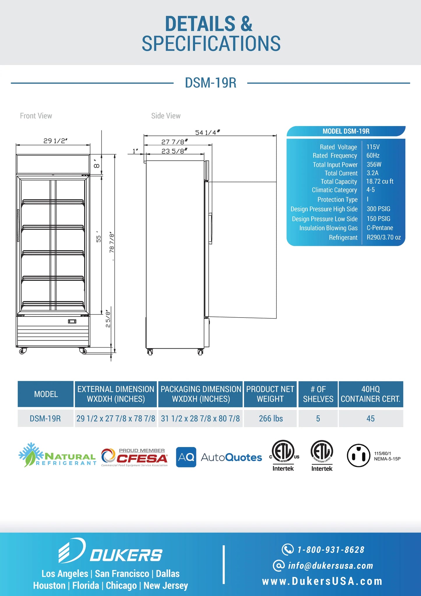 Dukers DSM-19R, Single Glass Swing-Door Merchandiser Refrigerator, BRAND NEW!