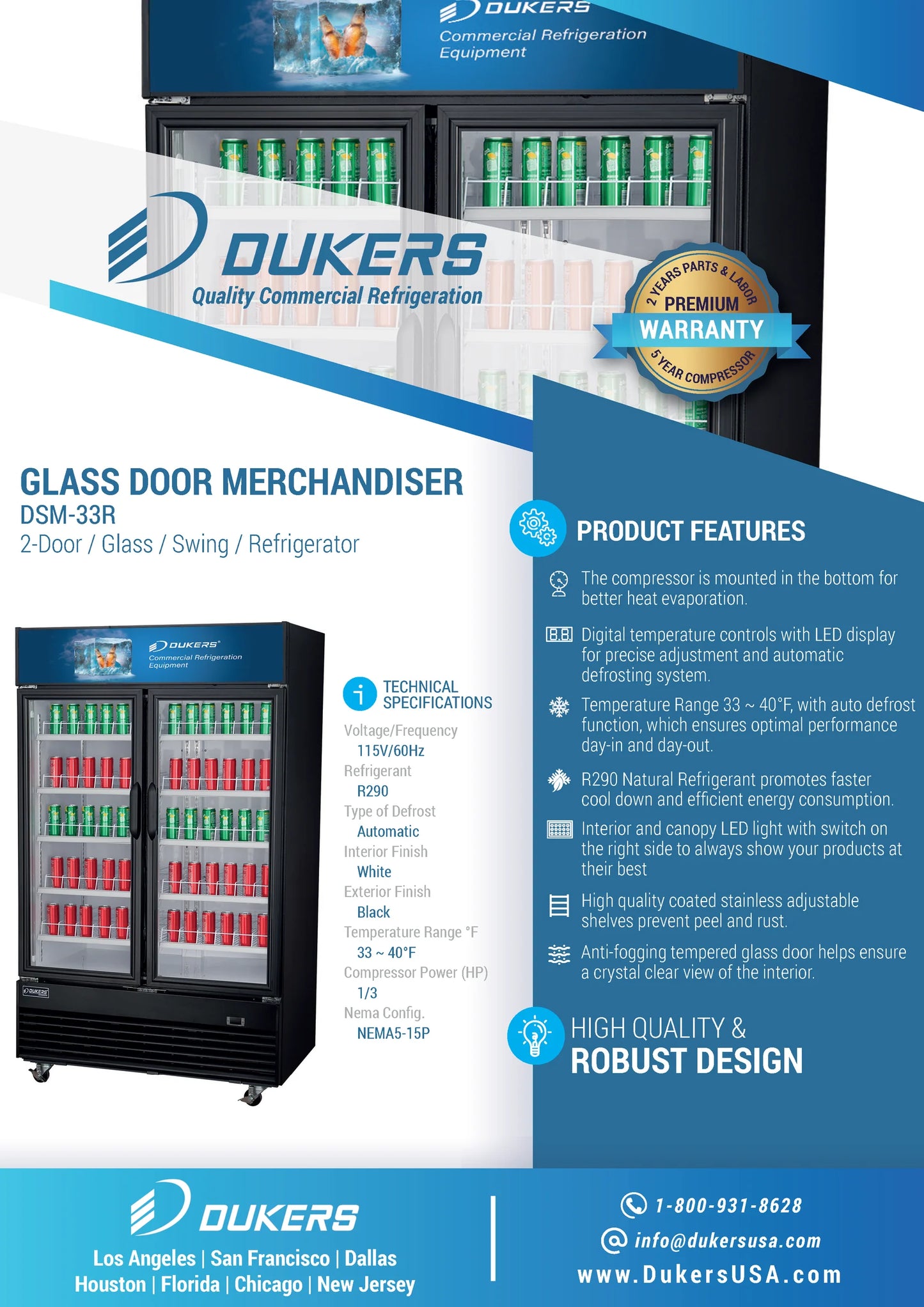 Dukers DSM-33R, Double Glass Swing Door Merchandiser Refrigerator, BRAND NEW!