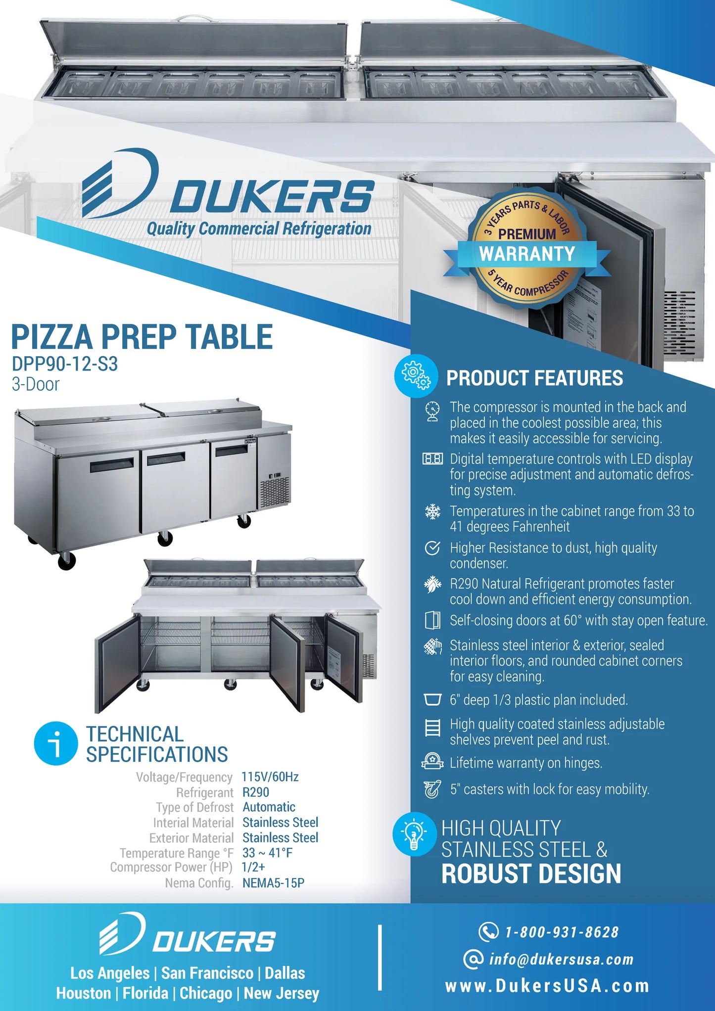 Dukers DPP90-12-S3, Commercial Refrigerated Pizza Prep Table, BRAND NEW!