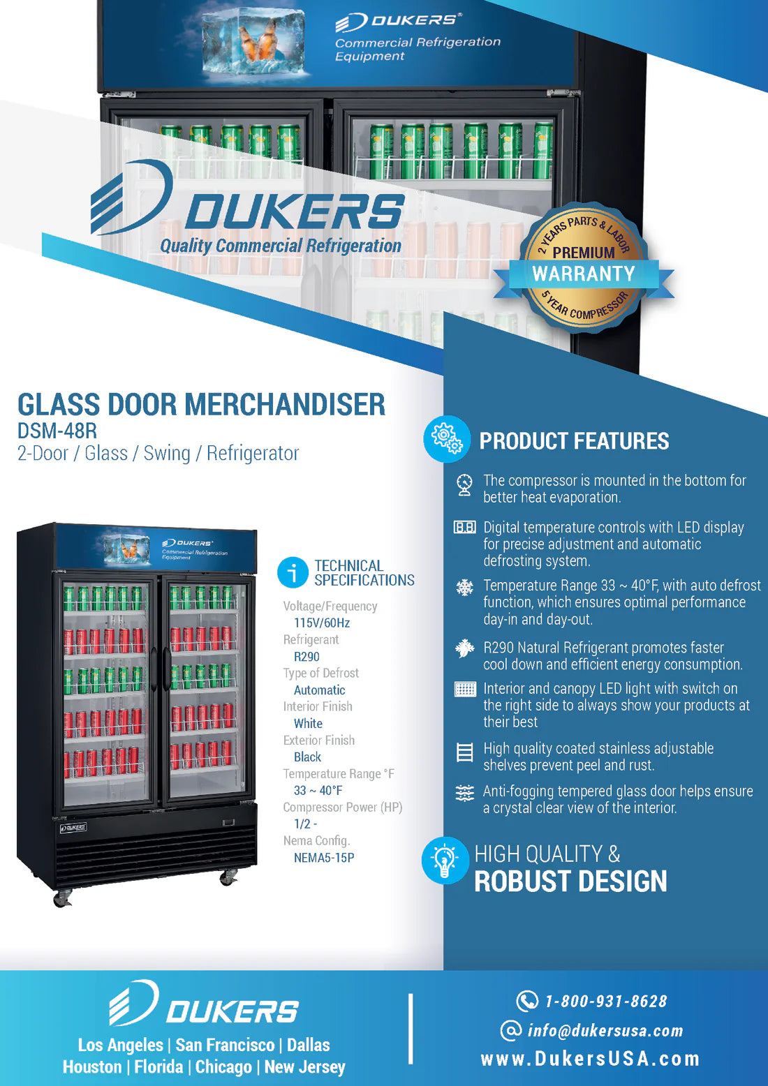 Dukers DSM-48R, Double Glass Swing Door Merchandiser Refrigerator, BRAND NEW!