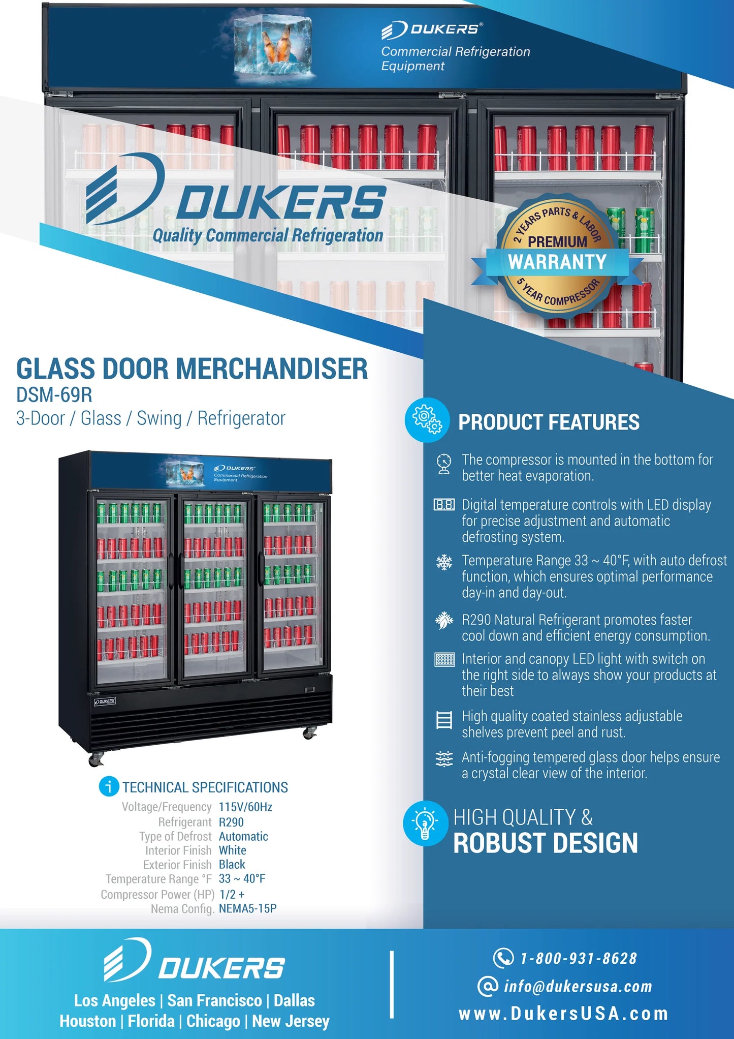 Dukers DSM-69R, Reach-In Glass Swing 3-Door Merchandiser Refrigerator, BRAND NEW!