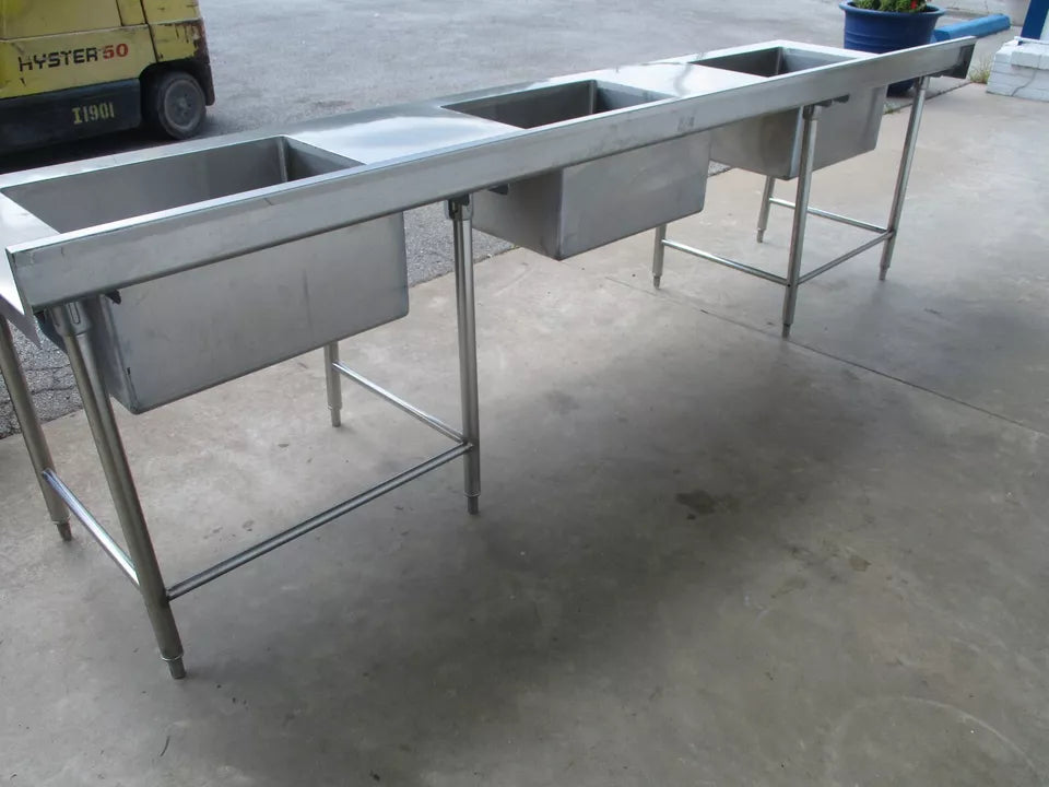 Custom 120"W x 30"D, Stainless Steel 3-Compartment Sink w/ Open Base, #8921