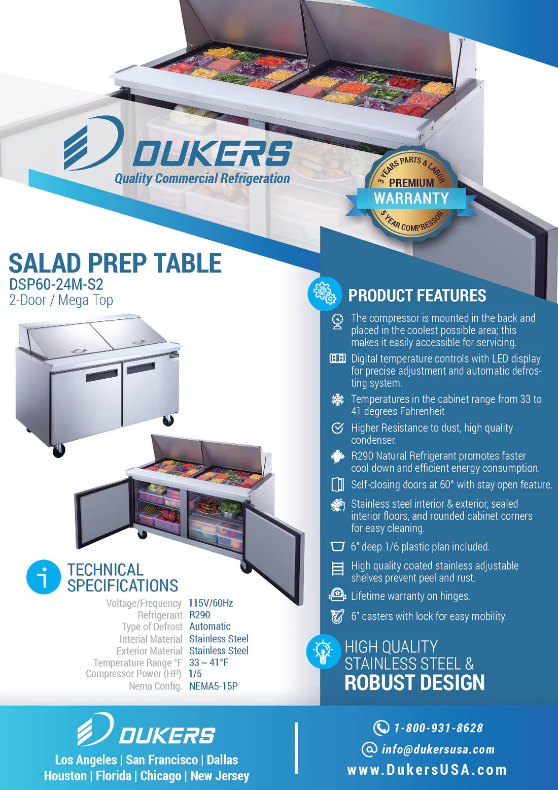 Dukers DSP60-24M-S2, Commercial Refrigerated Food Prep Table with Mega Top, NEW!