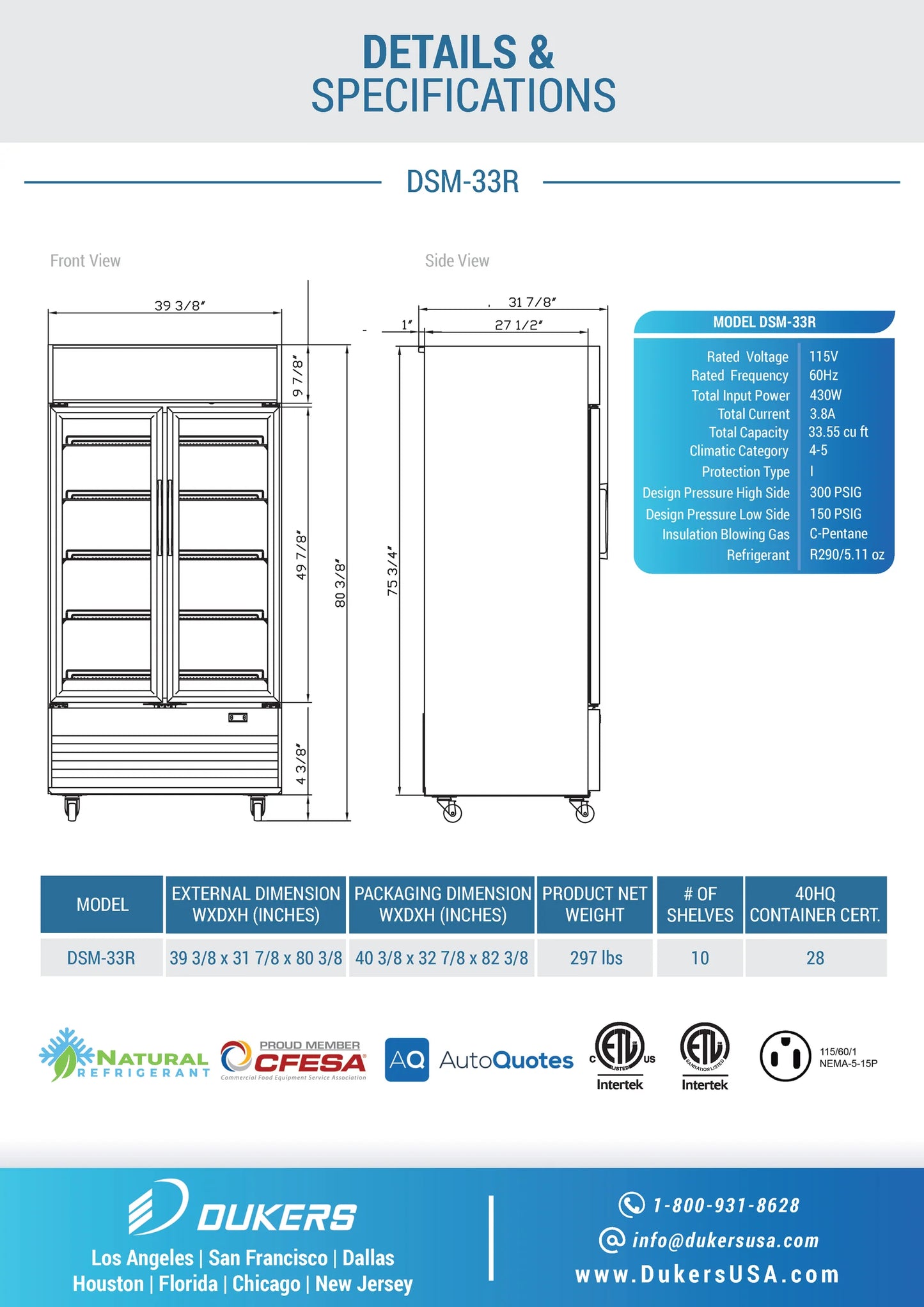 Dukers DSM-33R, Double Glass Swing Door Merchandiser Refrigerator, BRAND NEW!