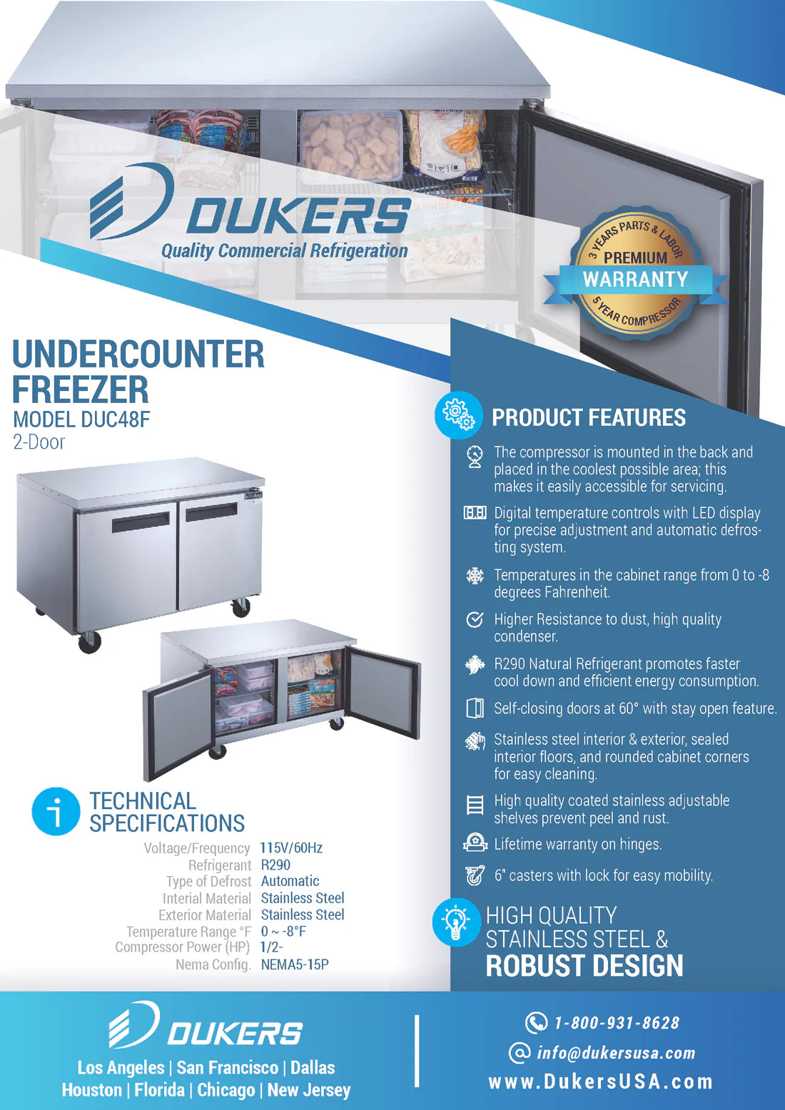 Dukers DUC48F, Stainless Steel Double Swing Door Undercounter Freezer, BRAND NEW!