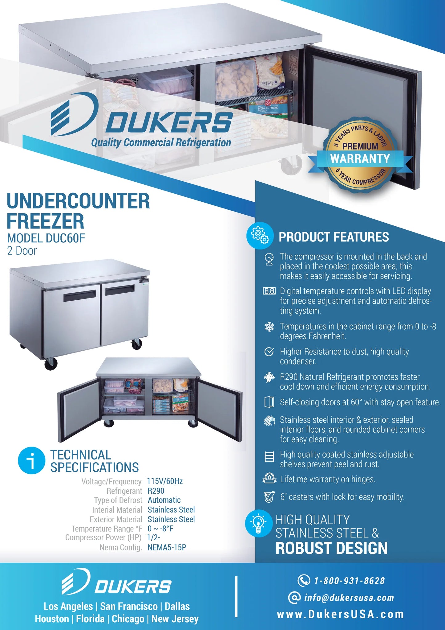 Dukers DUC60F, Stainless Steel Double Swing Door Undercounter Freezer, BRAND NEW!