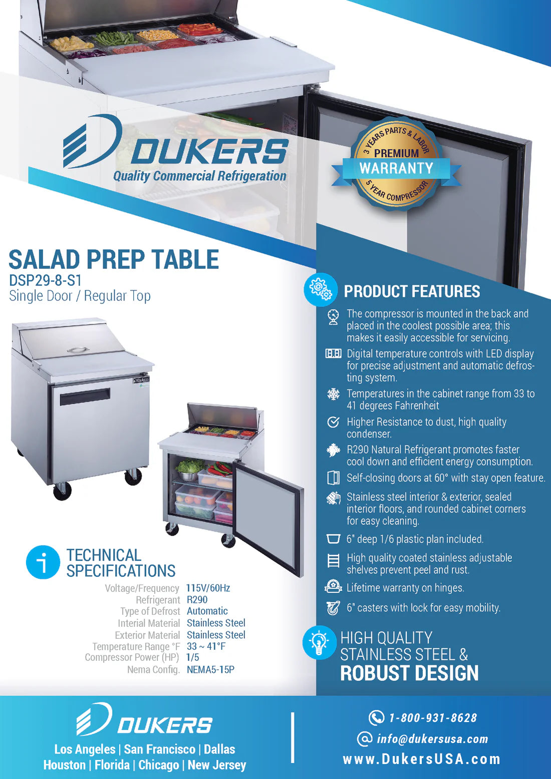 Dukers DSP29-8-S1, Commercial Refrigerated Food Prep Table w/ Standard Top, NEW!