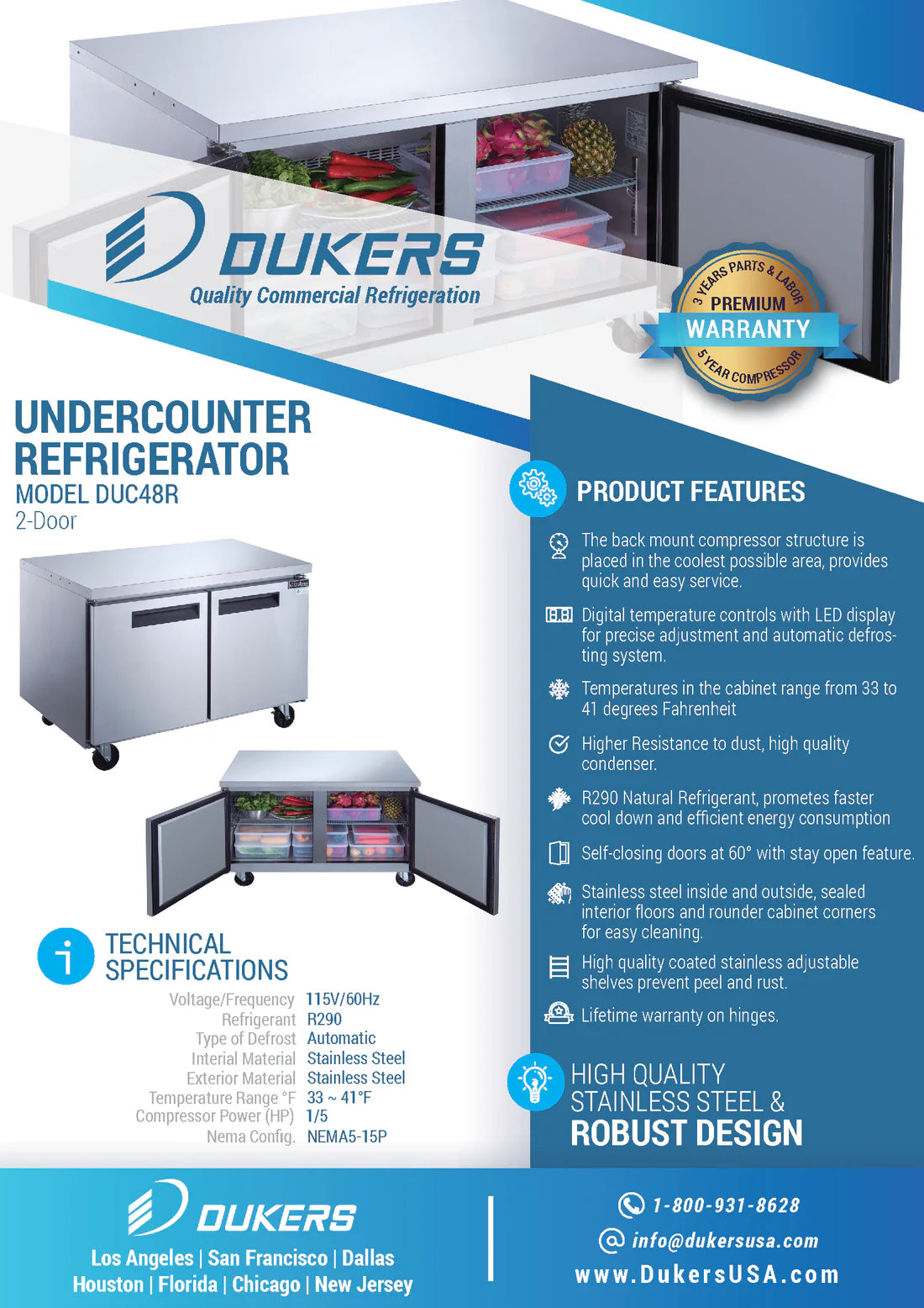 Dukers DUC48R, Stainless Steel 2-Swing Door Undercounter Refrigerator, BRAND NEW!