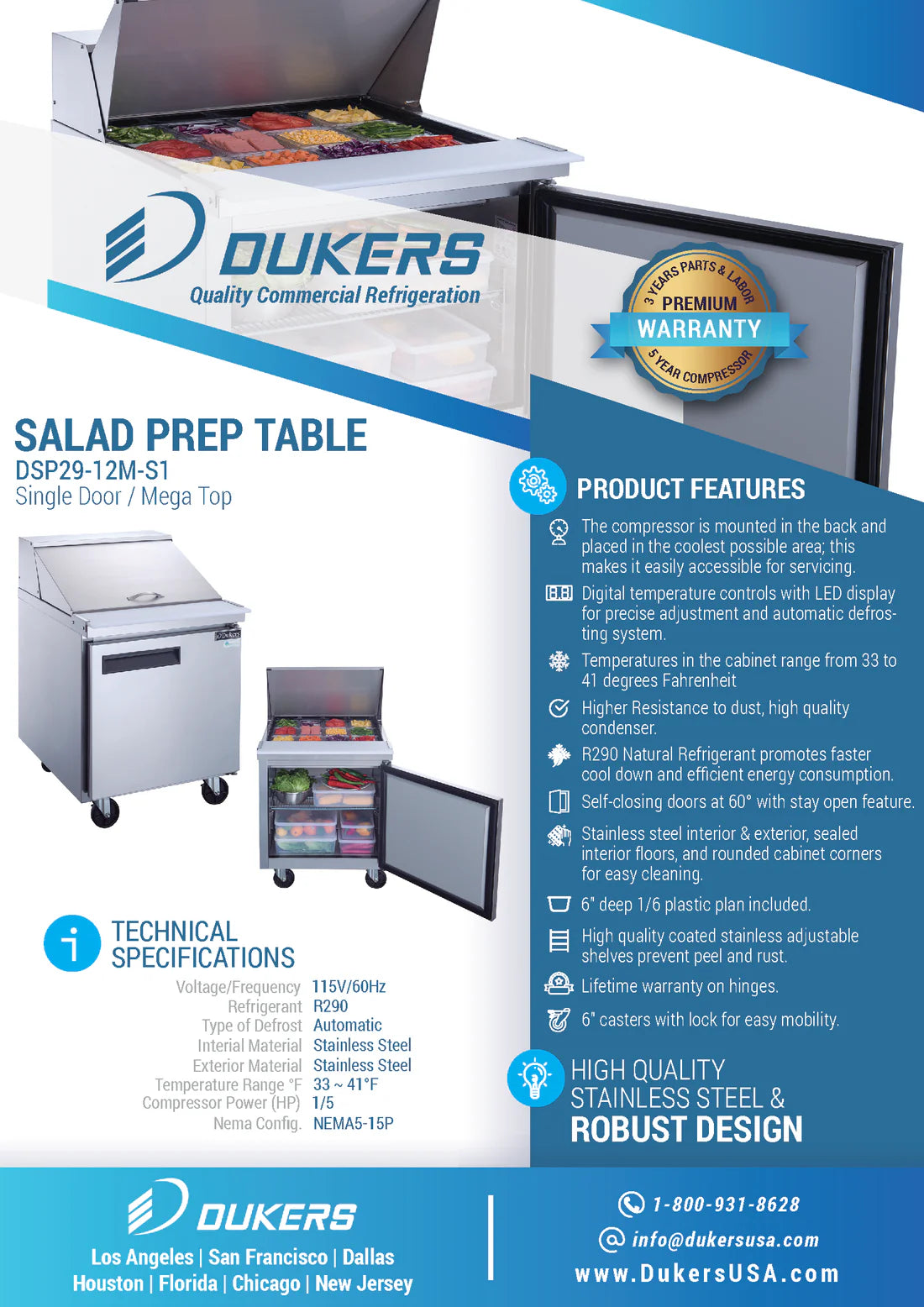 Dukers DSP29-12M-S1, Commercial Refrigerated Food Prep Table with Mega Top, NEW!