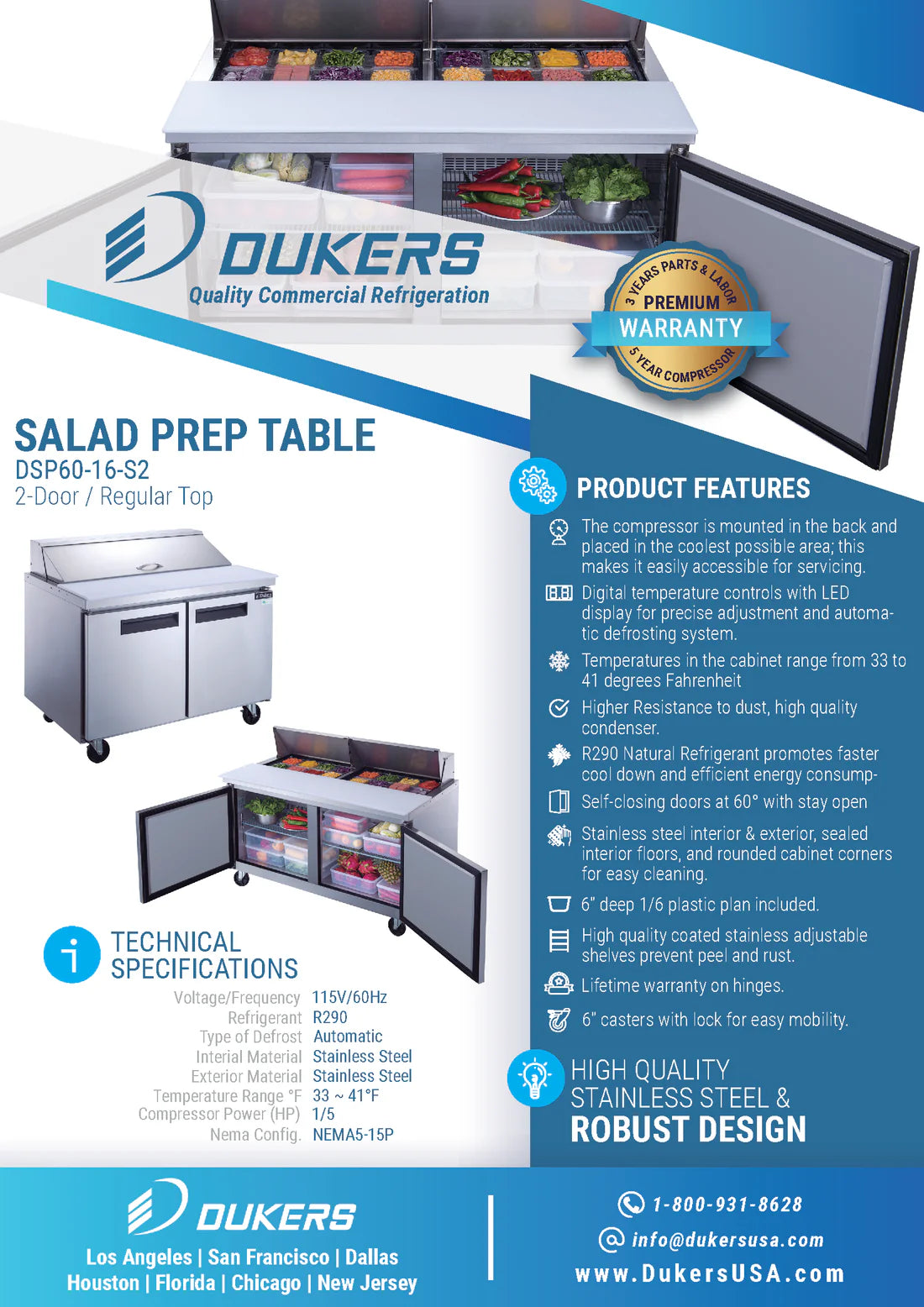 Dukers DSP60-16-S2, Commercial Stainless Steel Refrigerated Food Prep Table, NEW