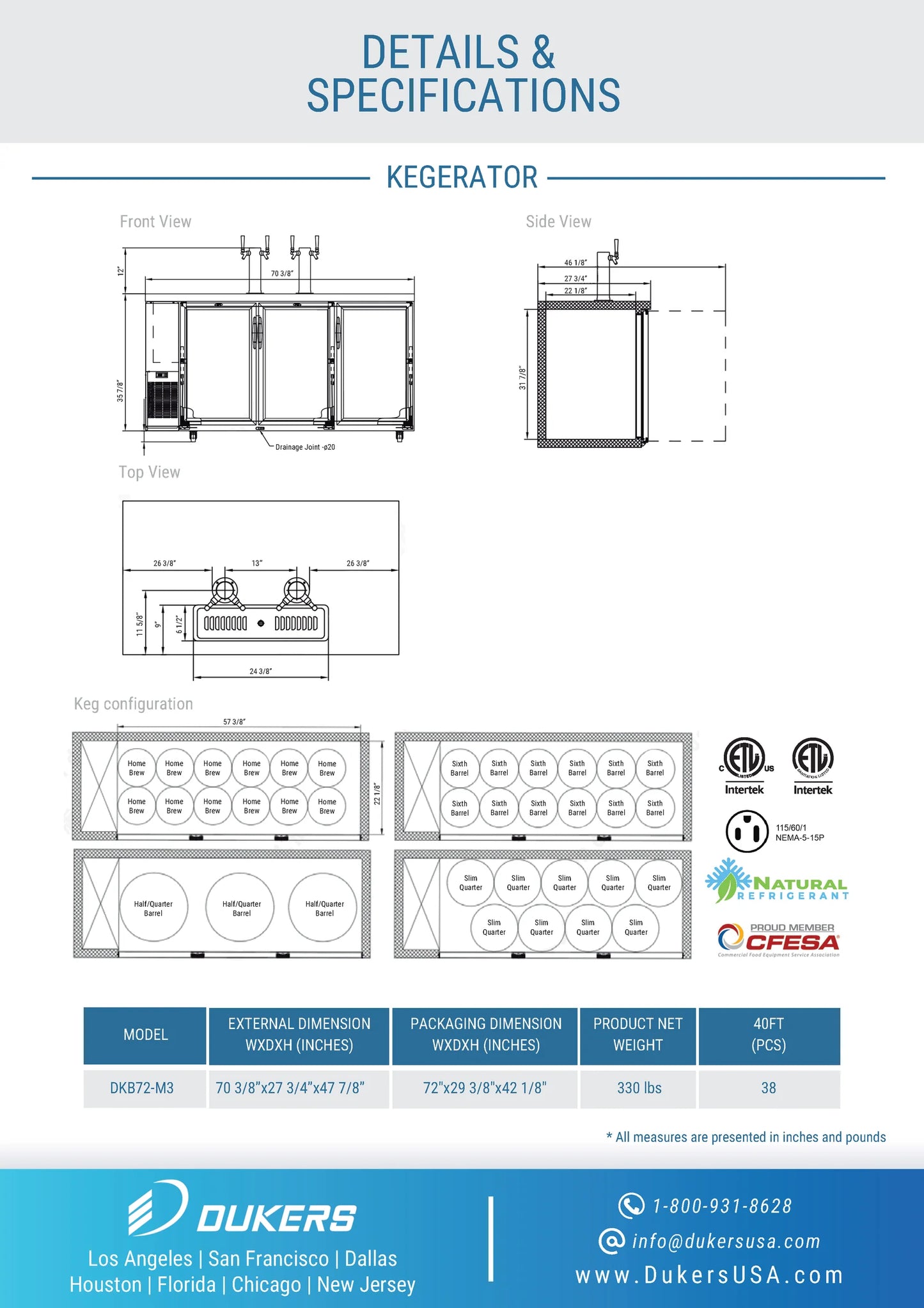 Dukers DKB72-M3, Swing-Door Dual Tower 4-Tap Beer Dispenser Kegerator, BRAND NEW