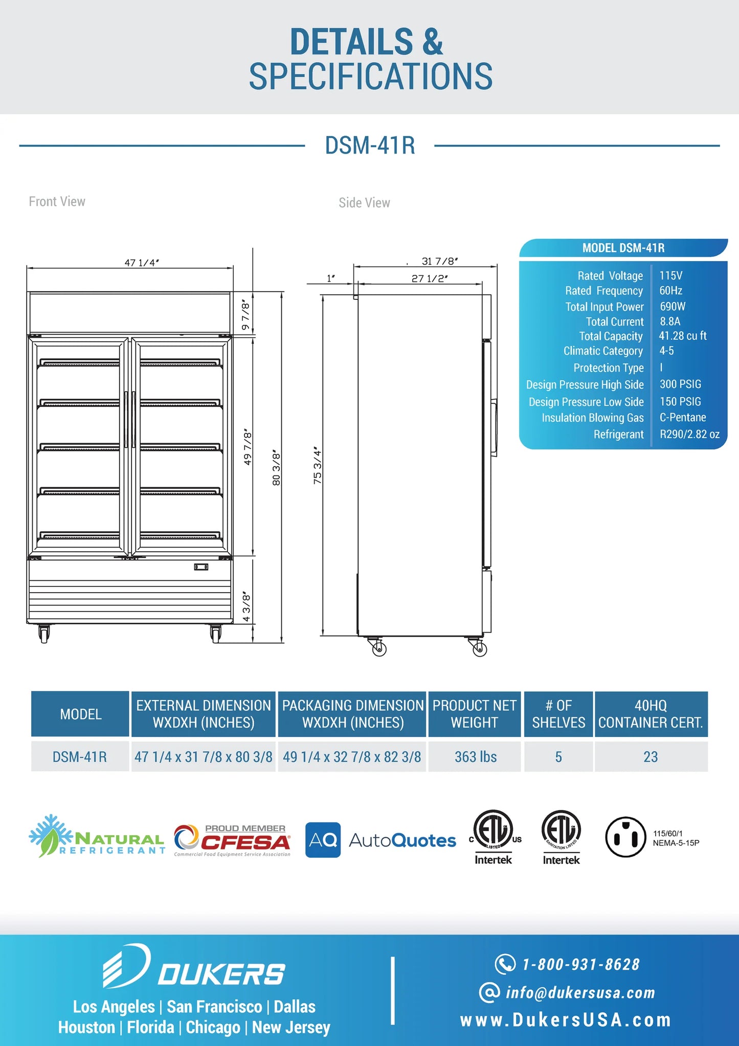 Dukers DSM-41R, Double Glass Swing Door Merchandiser Refrigerator, BRAND NEW!