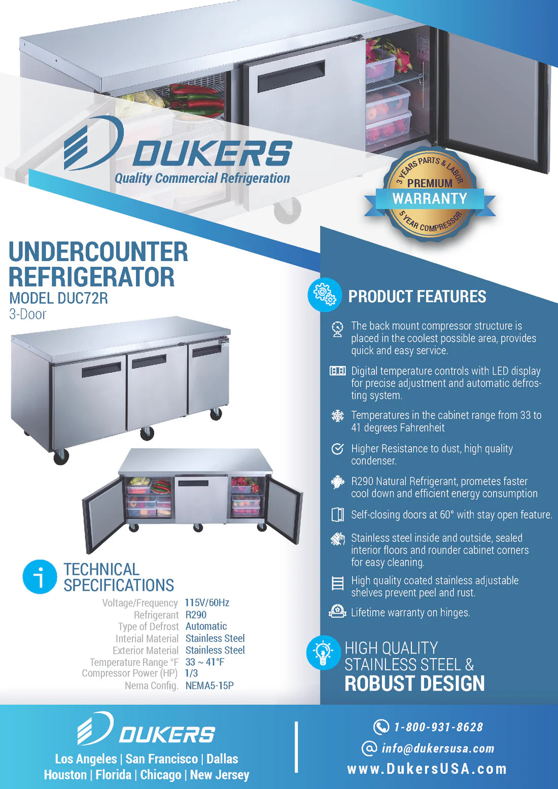 Dukers DUC72R, Undercounter Stainless Steel 3-Swing Door Refrigerator, BRAND NEW!