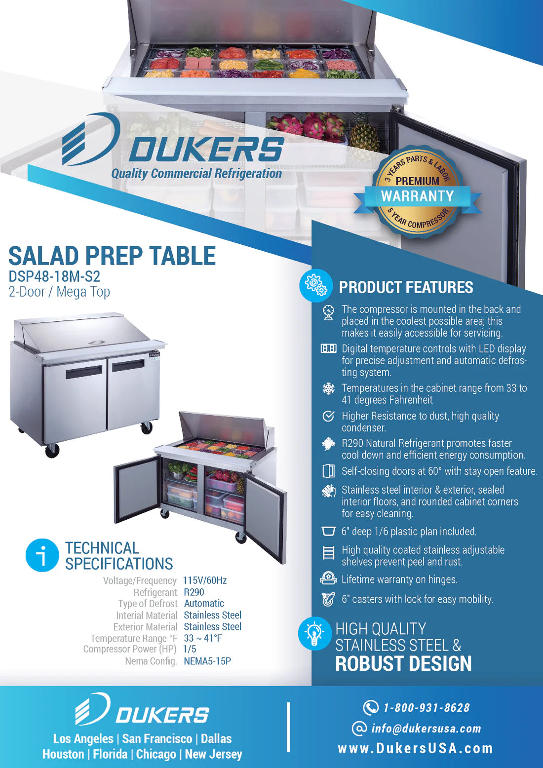 Dukers DSP48-18M-S2, Commercial Refrigerated Food Prep Table with Mega Top, NEW!