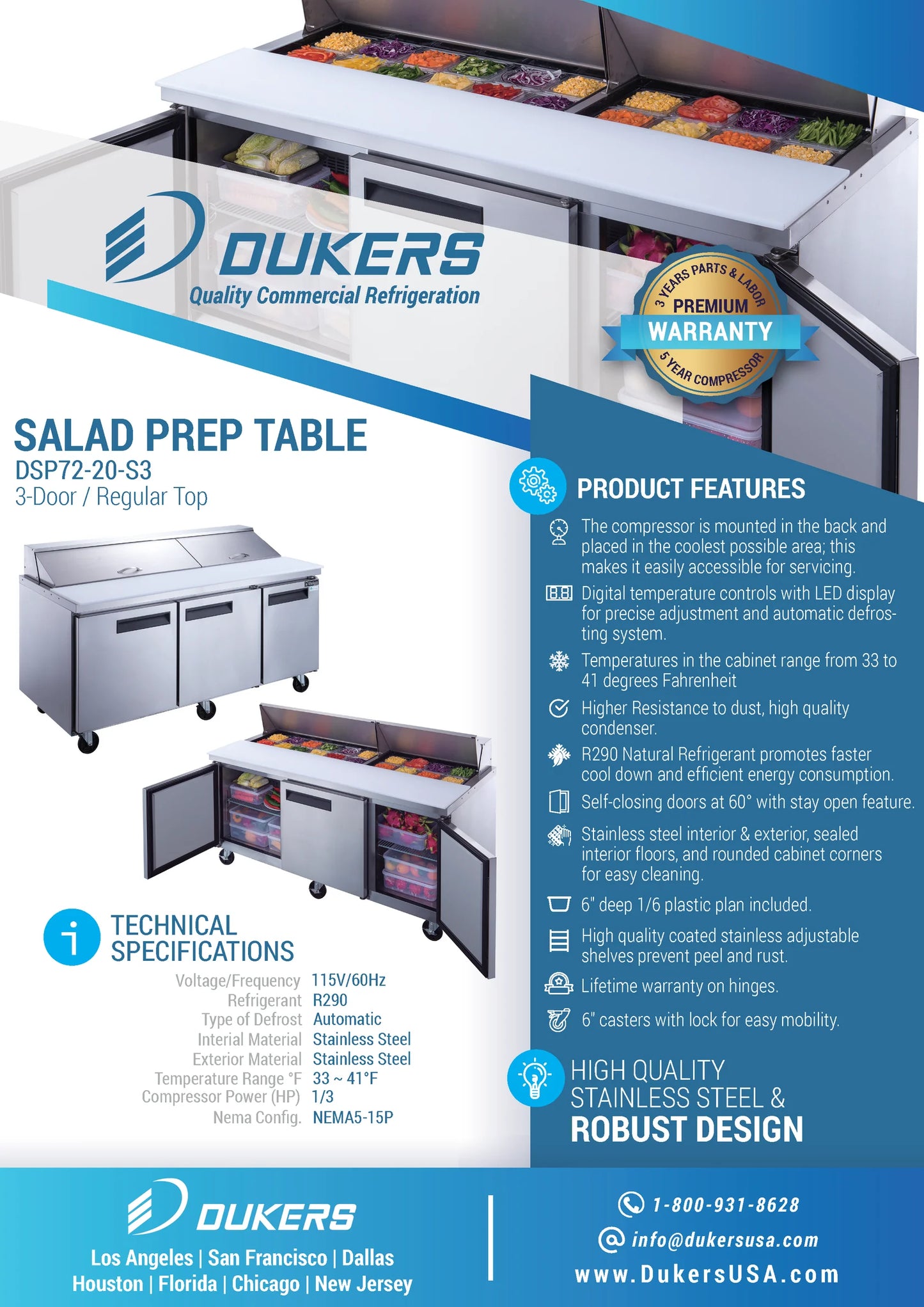 Dukers DSP72-30M-S3, Commercial Refrigerated Food Prep Table with Mega Top, NEW!