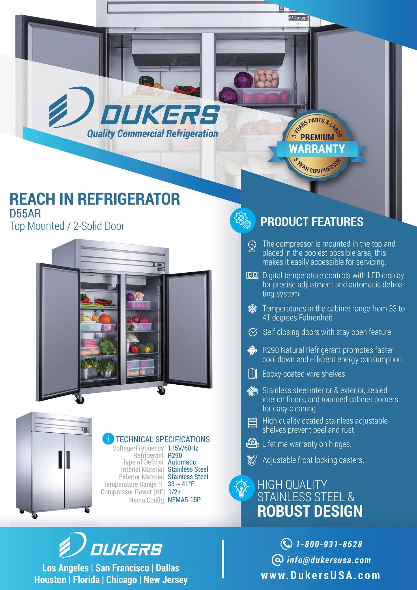 Dukers D55AR, Stainless Steel Reach-In 2-Door Top Mount Refrigerator, BRAND NEW!