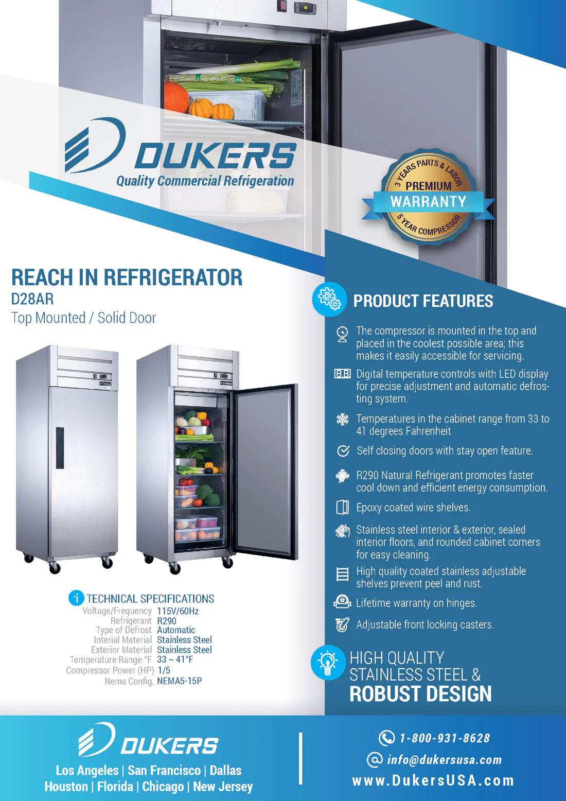 Dukers D28AR, Stainless Steel Single-Door Top Mount Refrigerator, BRAND NEW!